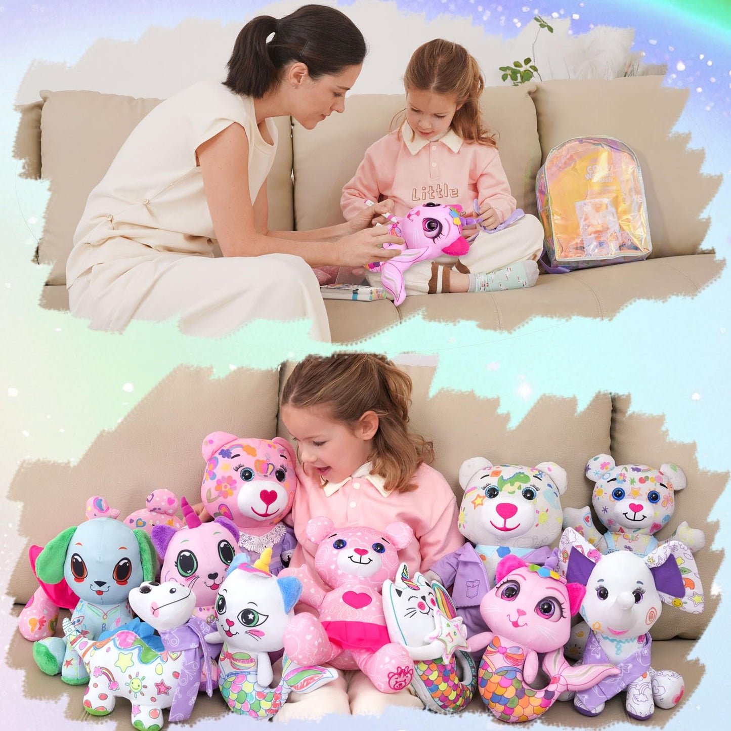 DRAWMYTOY Stuffed Animal Coloring Plush: 20 Washable Markers + Laser Holographic Backpack for Kids Aged 3-6