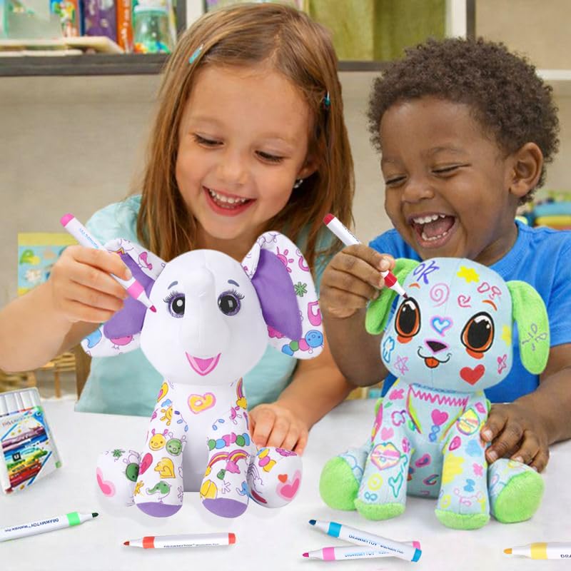 DrawMyToy Coloring Plush Elephant with 12 Washable Markers – Creative Toy for Kids 4-6