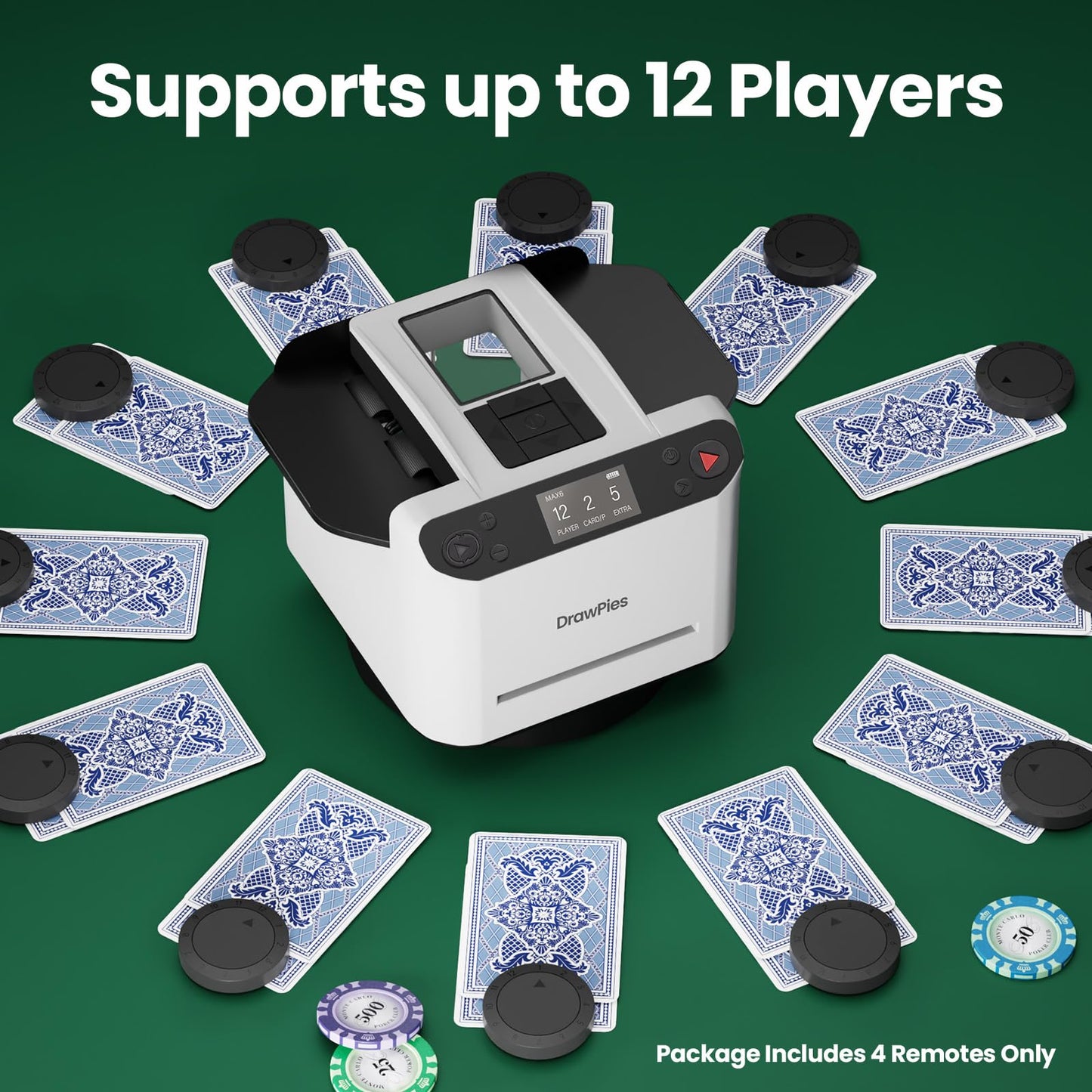 DrawPies MAX6 2-in-1 Automatic Card Shuffler & Dealer — 1–12 Players, Ultra Quiet, Rechargeable