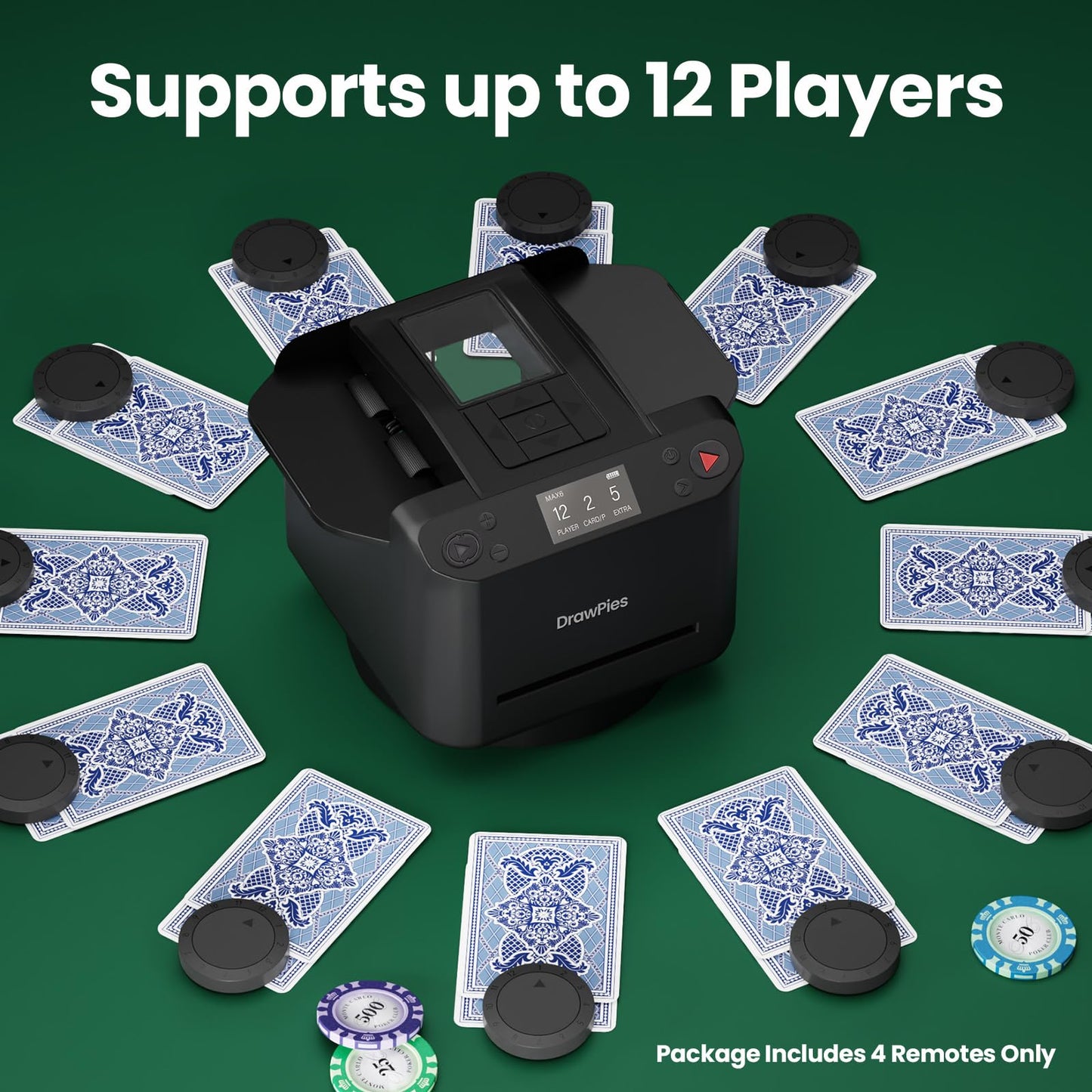 DrawPies MAX6 Automatic Card Shuffler & Dealer – 2-in-1, 12 Players, 360° Rotatable, Rechargeable