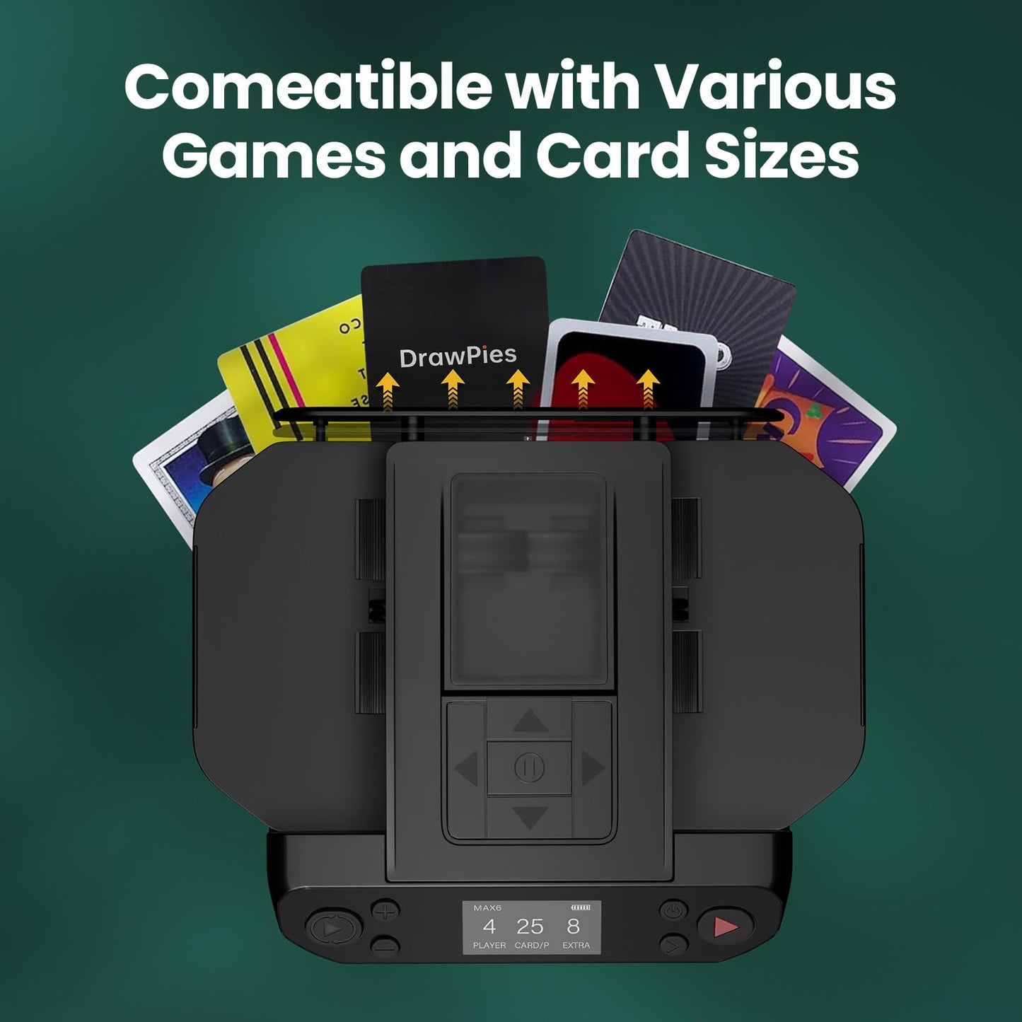 DrawPies Automatic Card Shuffler & Dealer 2-in-1 — 1–12 Players, 360° Rotatable, Ultra Quiet, Rechargeable