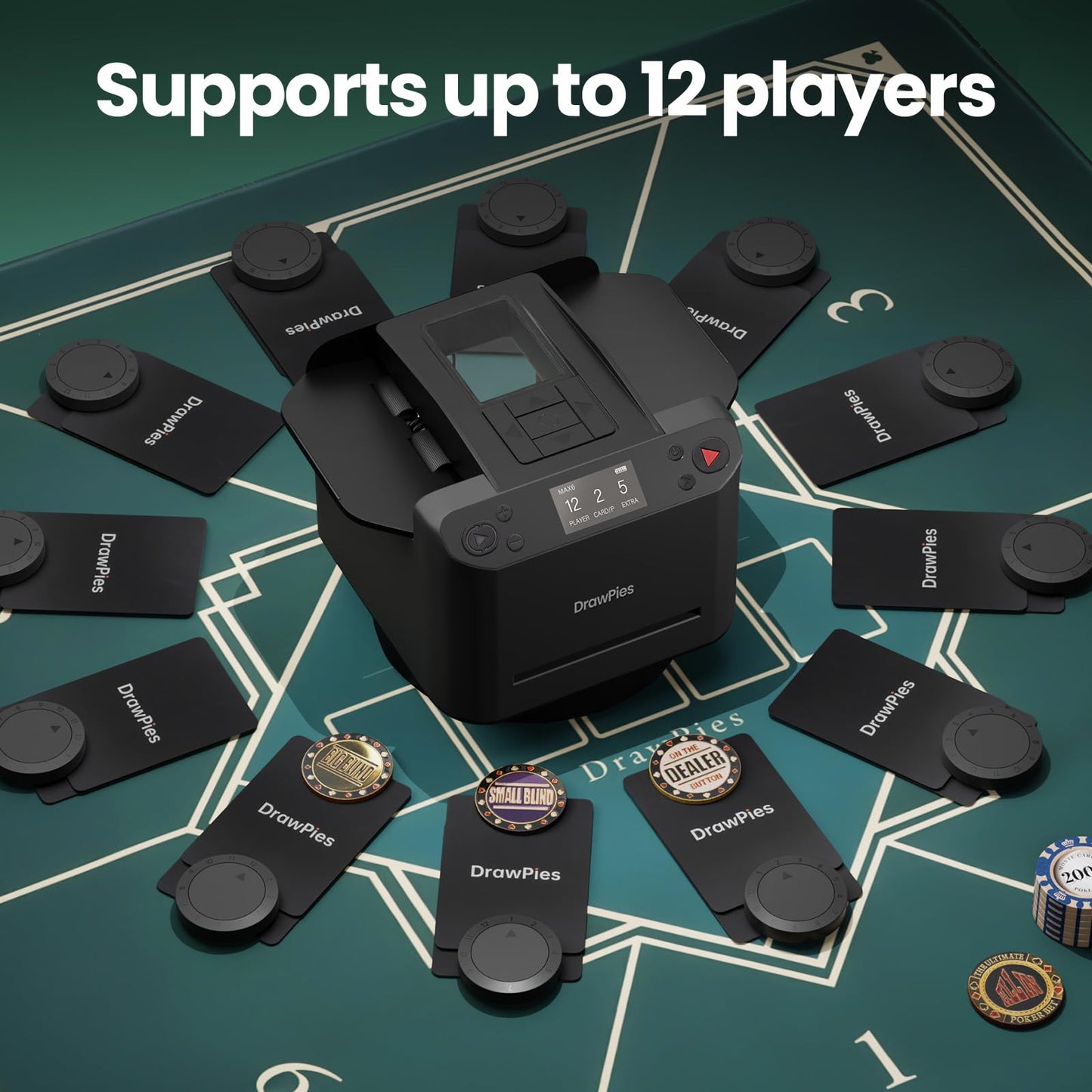 DrawPies Automatic Card Shuffler & Dealer 2-in-1 — 1–12 Players, 360° Rotatable, Ultra Quiet, Rechargeable