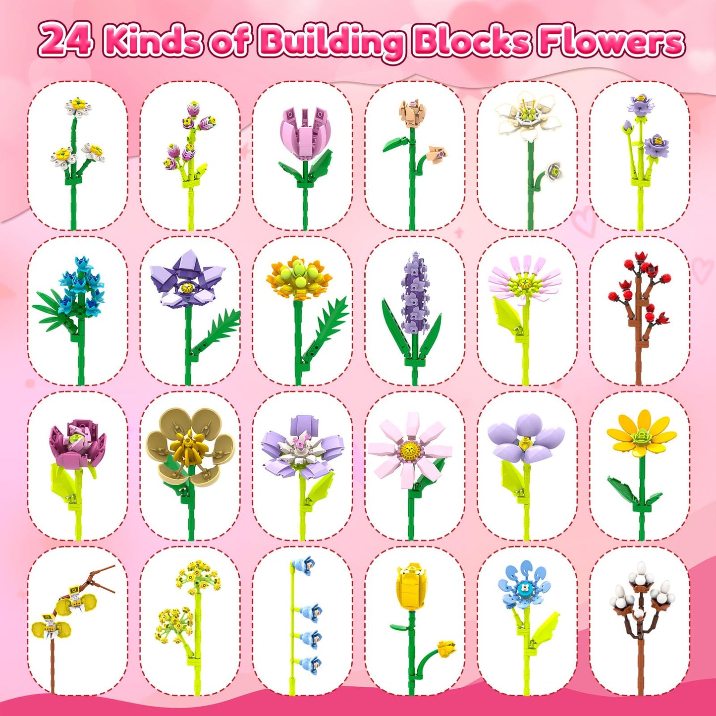 Valentine's Day Flower Building Blocks with Cards | 24 Unique Blooms - DREACAREFT