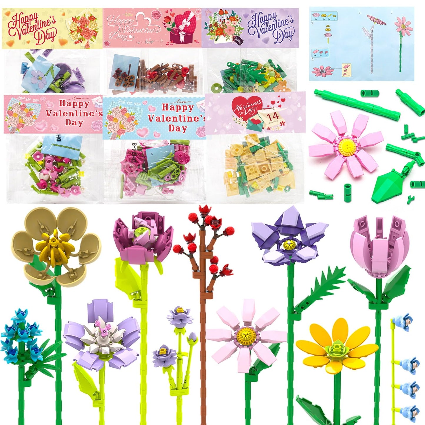 Valentine's Day Flower Building Blocks with Cards | 24 Unique Blooms - DREACAREFT