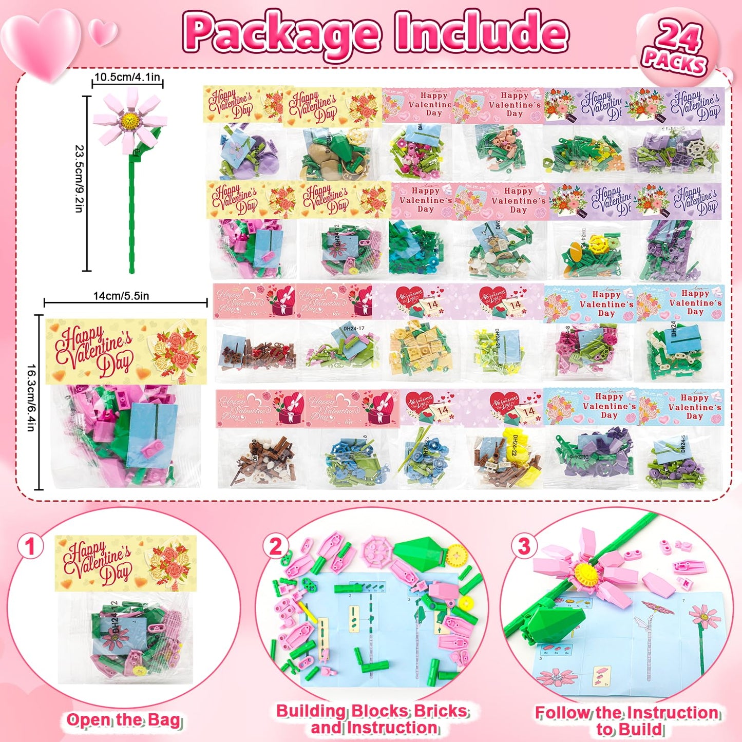Valentine's Day Flower Building Blocks with Cards | 24 Unique Blooms - DREACAREFT