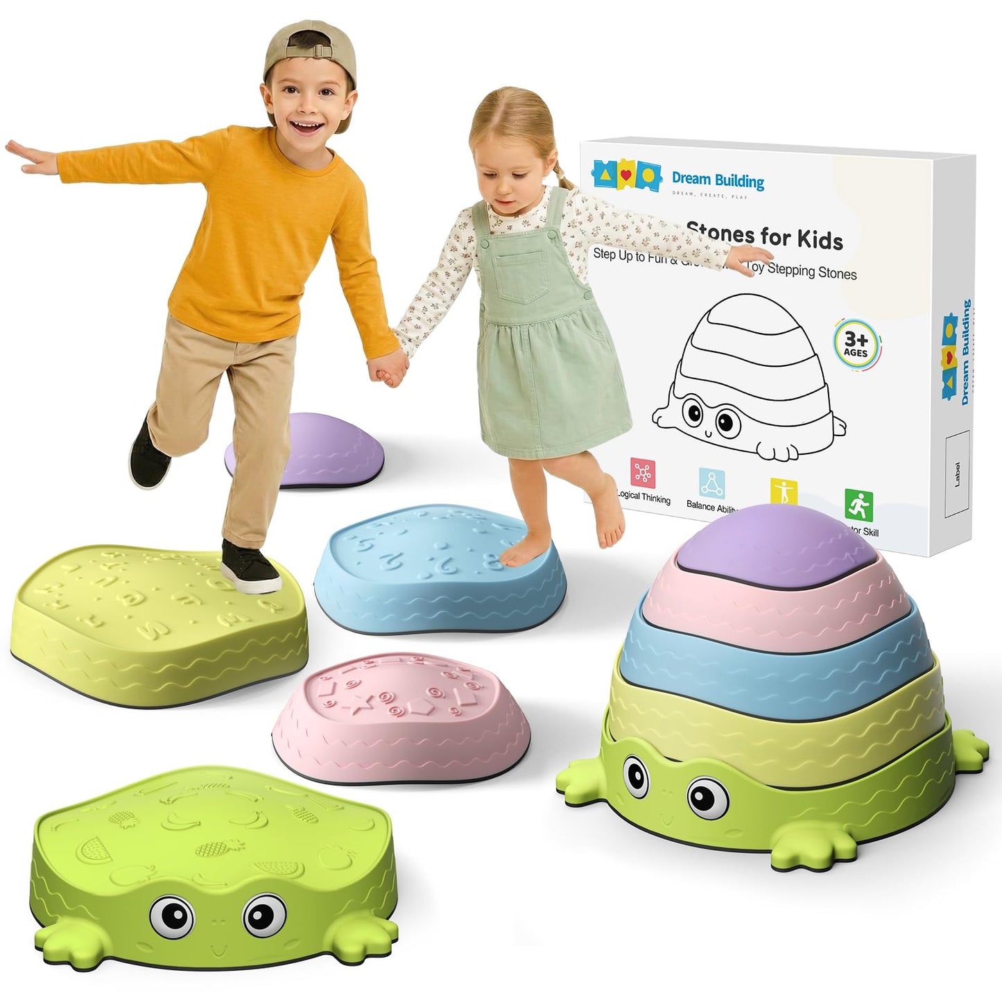 DREAM BUILDING Balance Stepping Stones for Kids | Non-Slip Sensory Toddler Stones to Promote Coordination & Active Play (Ages 3+)