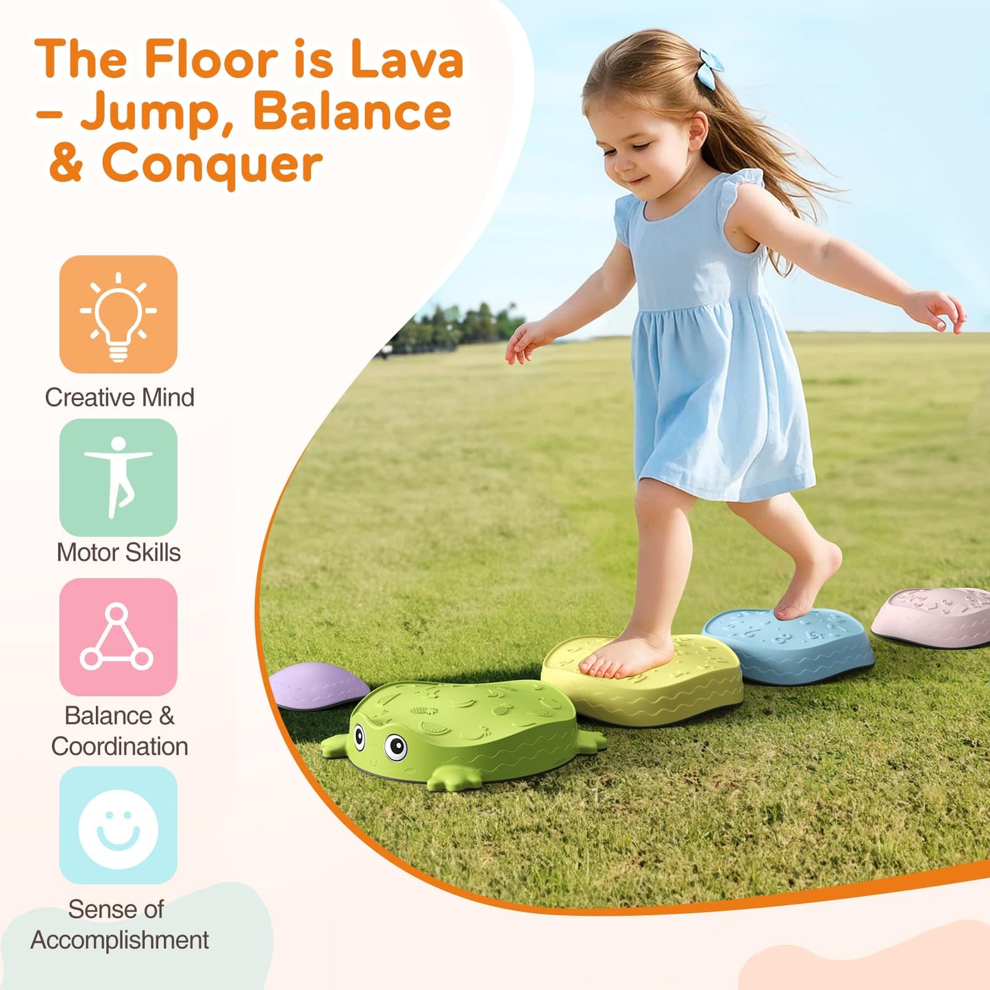 DREAM BUILDING Balance Stepping Stones for Kids | Non-Slip Sensory Toddler Stones to Promote Coordination & Active Play (Ages 3+)