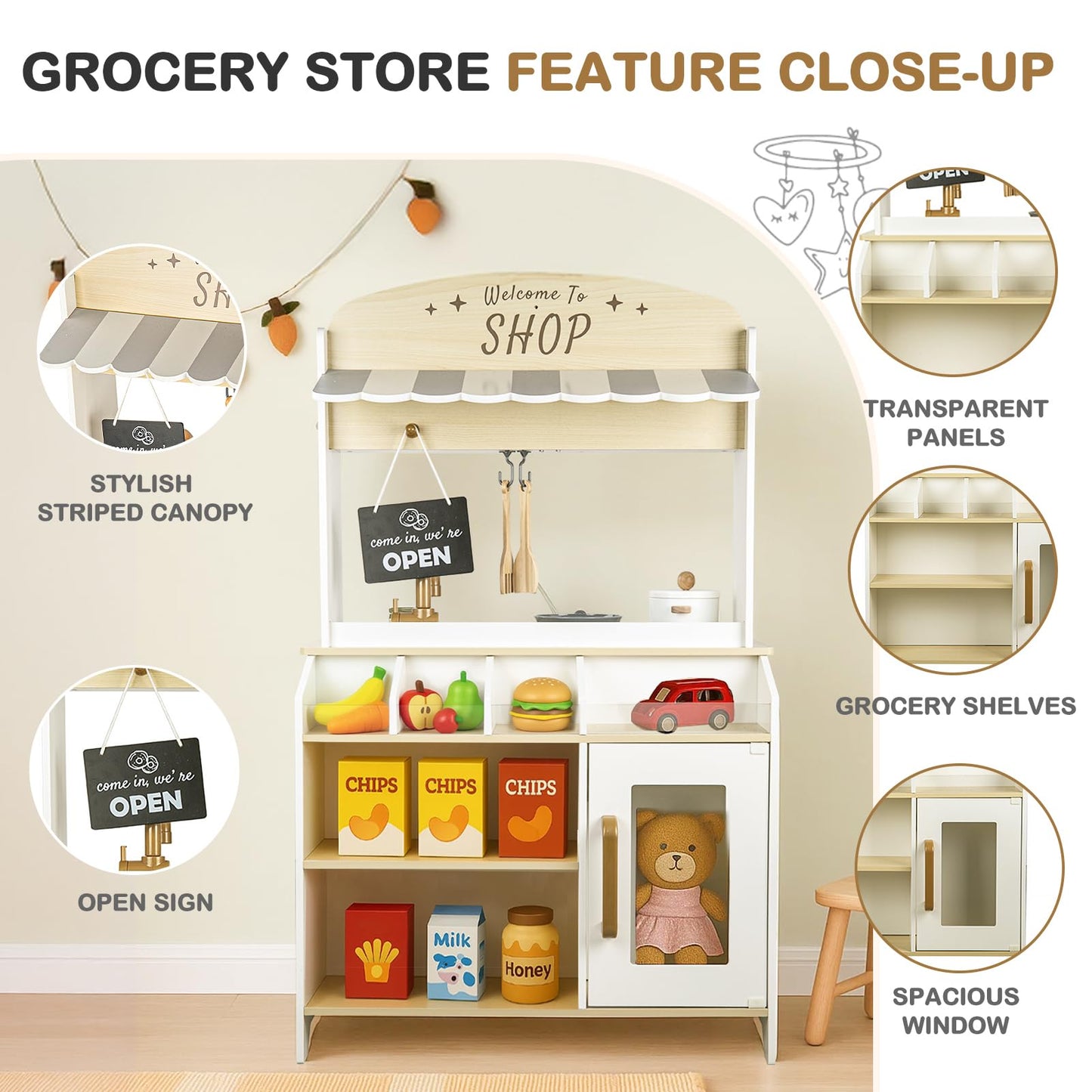 Dream Building Dual-Sided Play Kitchen – 2-in-1 Wooden Kitchen & Grocery Store Set