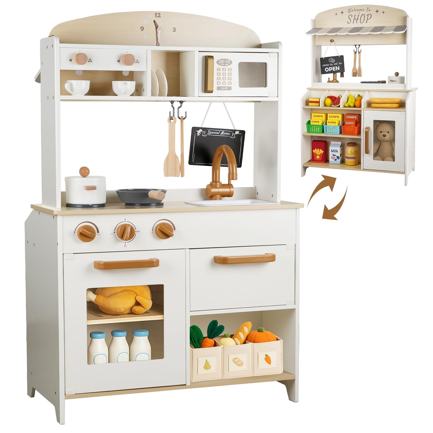Dream Building Dual-Sided Play Kitchen – 2-in-1 Wooden Kitchen & Grocery Store Set