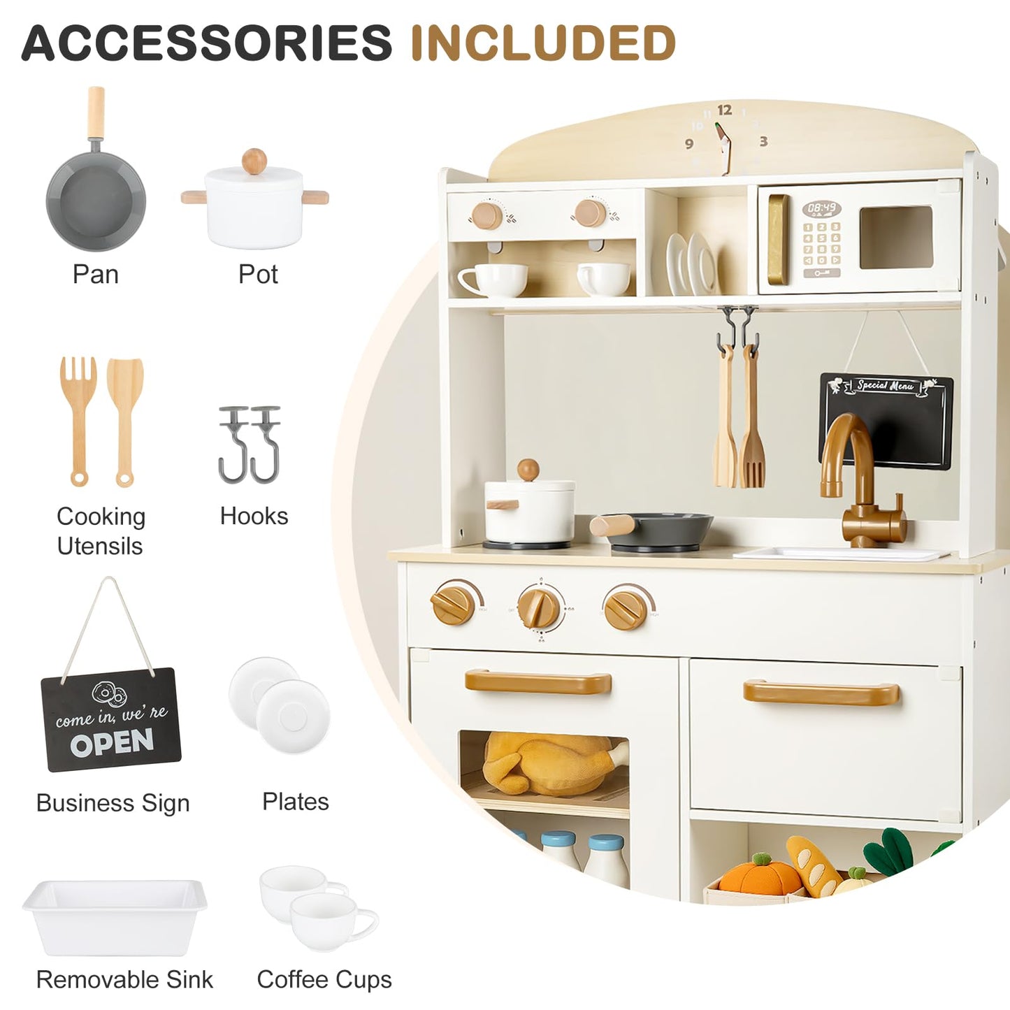 Dream Building Dual-Sided Play Kitchen – 2-in-1 Wooden Kitchen & Grocery Store Set
