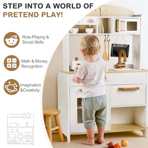 Dream Building Dual-Sided Play Kitchen – 2-in-1 Wooden Kitchen & Grocery Store Set
