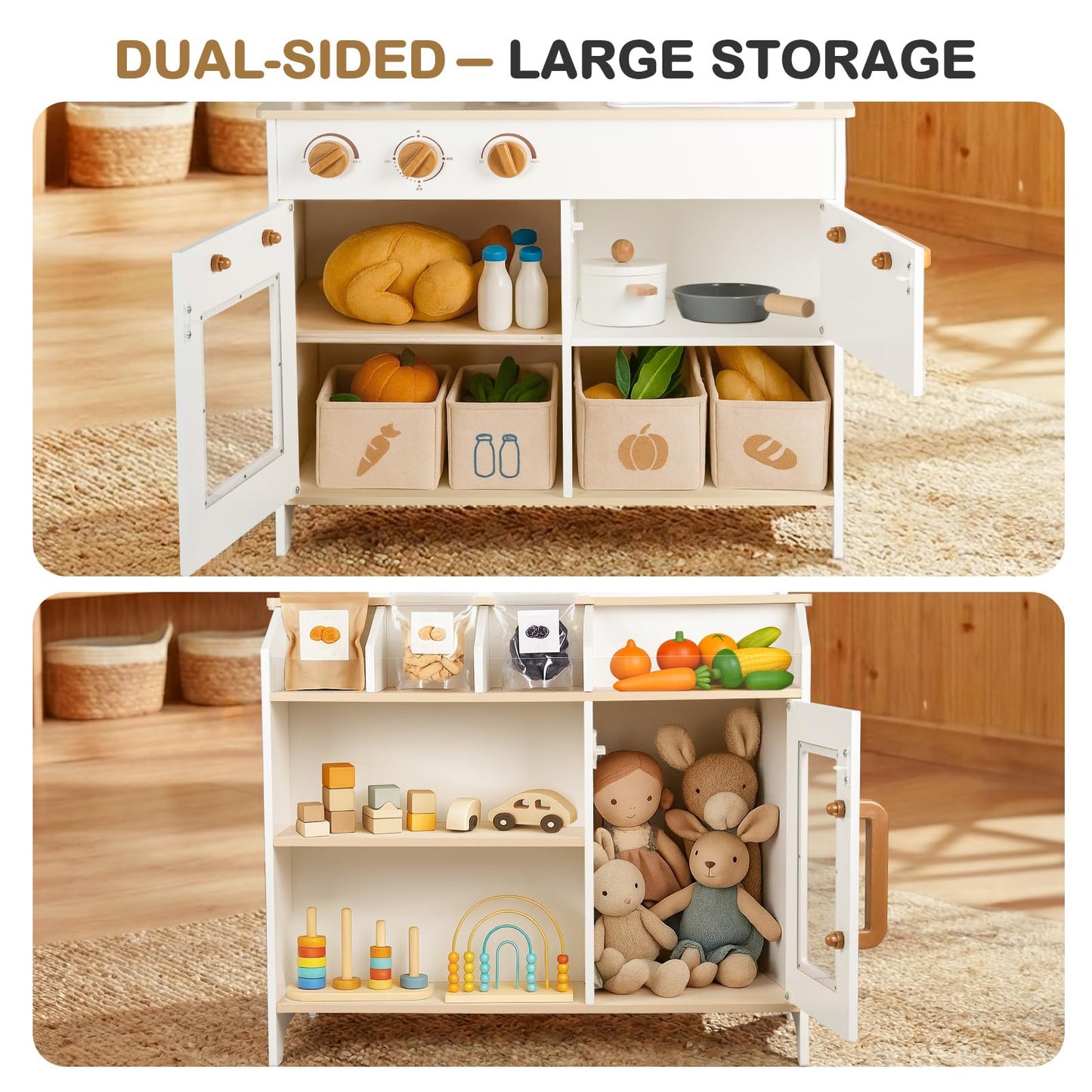 Dream Building Dual-Sided Play Kitchen – 2-in-1 Wooden Kitchen & Grocery Store Set