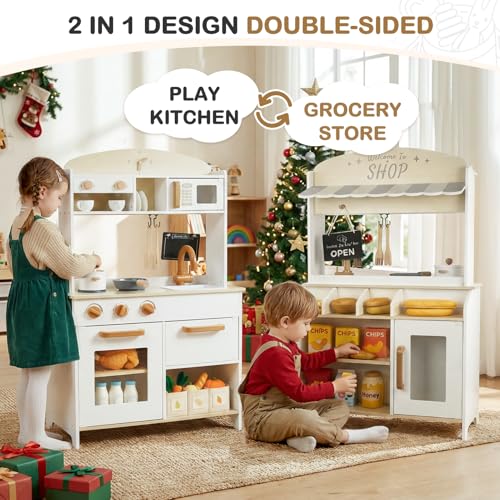 Dream Building Dual-Sided Play Kitchen – 2-in-1 Wooden Kitchen & Grocery Store Set