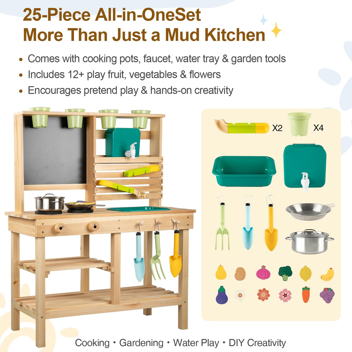 [DREAM BUILDING] Mud Kitchen for Kids Outdoor – Wooden Pretend Play Kitchen with Sink, Chalkboard & 25-Piece Accessories