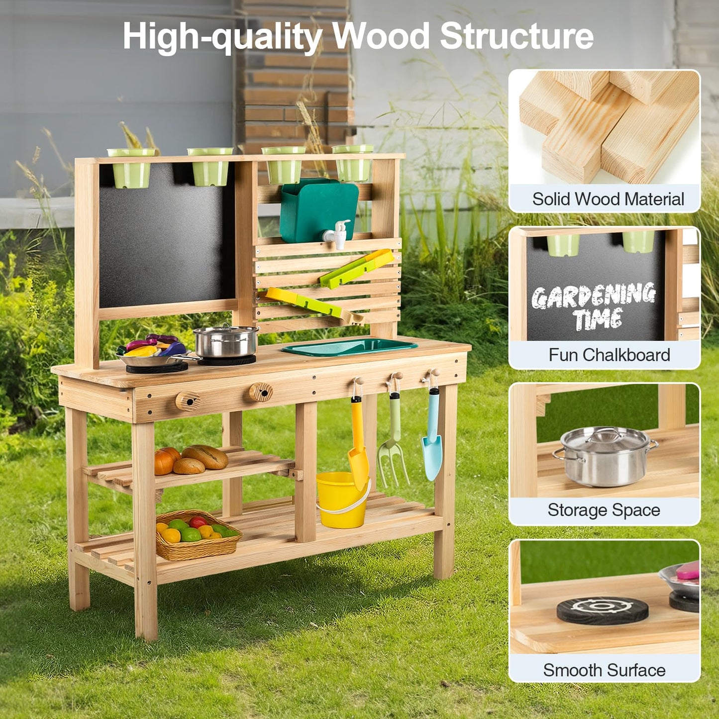 [DREAM BUILDING] Mud Kitchen for Kids Outdoor – Wooden Pretend Play Kitchen with Sink, Chalkboard & 25-Piece Accessories
