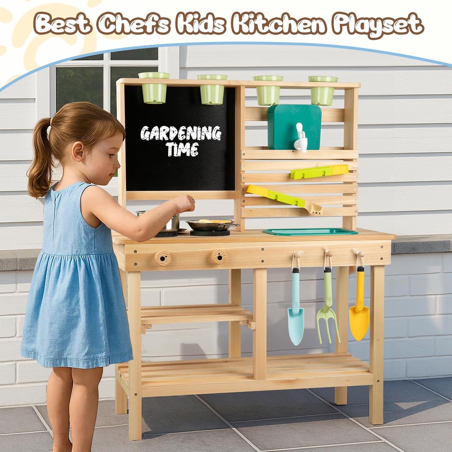 [DREAM BUILDING] Mud Kitchen for Kids Outdoor – Wooden Pretend Play Kitchen with Sink, Chalkboard & 25-Piece Accessories