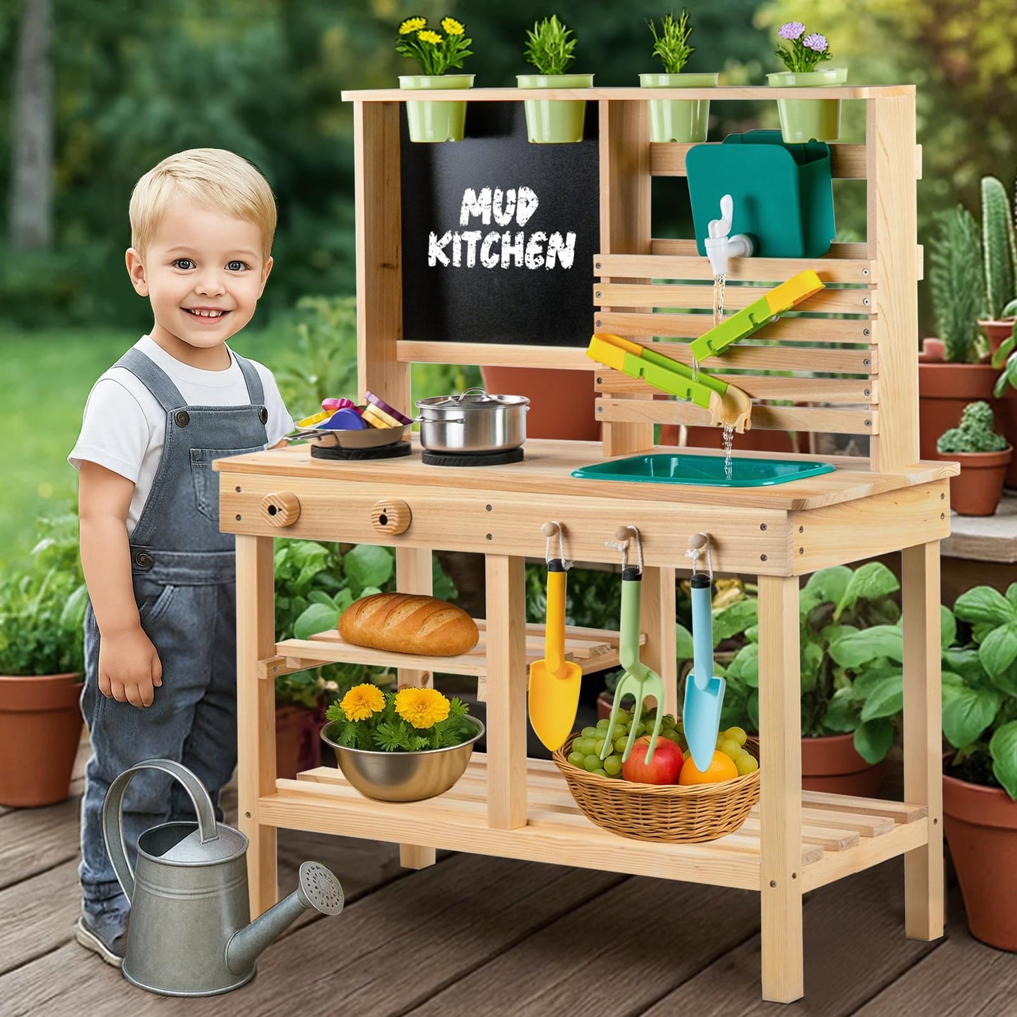 [DREAM BUILDING] Mud Kitchen for Kids Outdoor – Wooden Pretend Play Kitchen with Sink, Chalkboard & 25-Piece Accessories