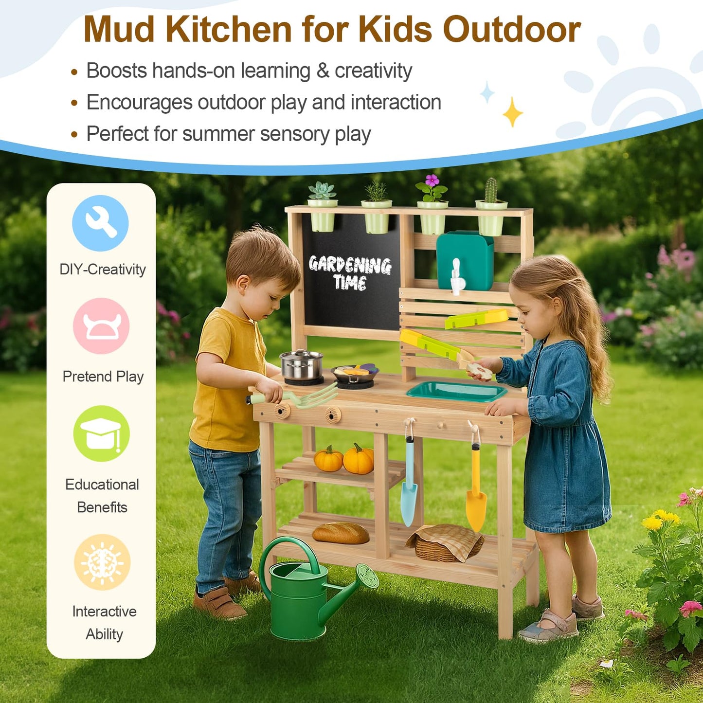 [DREAM BUILDING] Mud Kitchen for Kids Outdoor – Wooden Pretend Play Kitchen with Sink, Chalkboard & 25-Piece Accessories