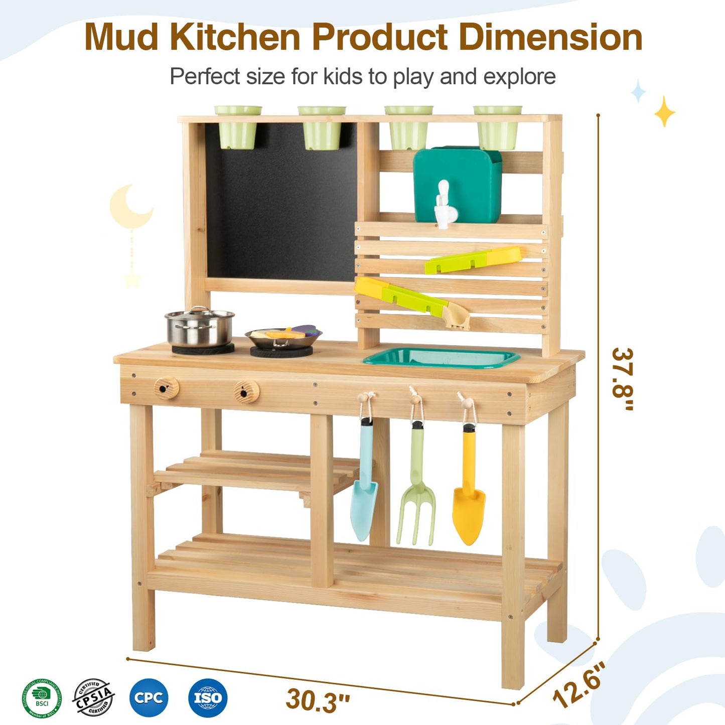 [DREAM BUILDING] Mud Kitchen for Kids Outdoor – Wooden Pretend Play Kitchen with Sink, Chalkboard & 25-Piece Accessories
