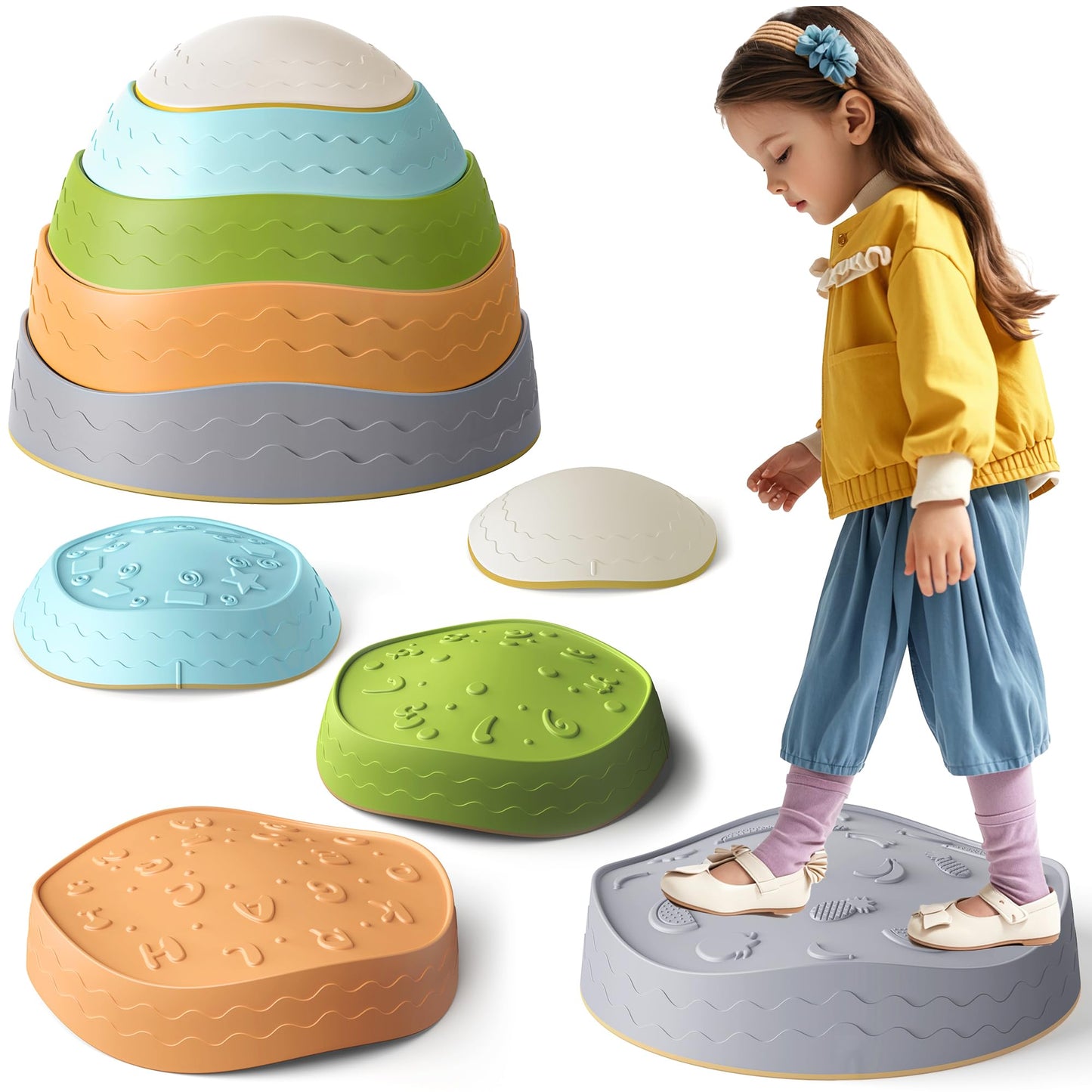 DREAM BUILDING Stepping Stones for Kids – Non-Slip Sensory Balance Stones for Indoor/Outdoor Play (Ages 3–8)