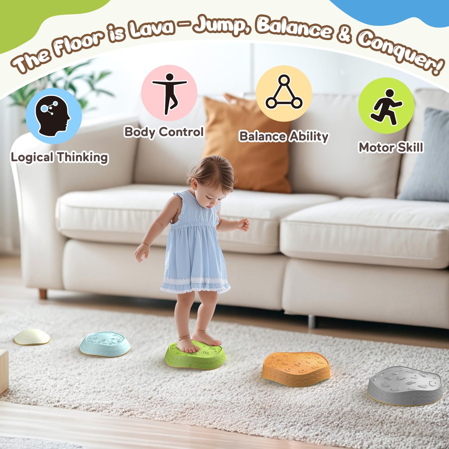 DREAM BUILDING Stepping Stones for Kids – Non-Slip Sensory Balance Stones for Indoor/Outdoor Play (Ages 3–8)