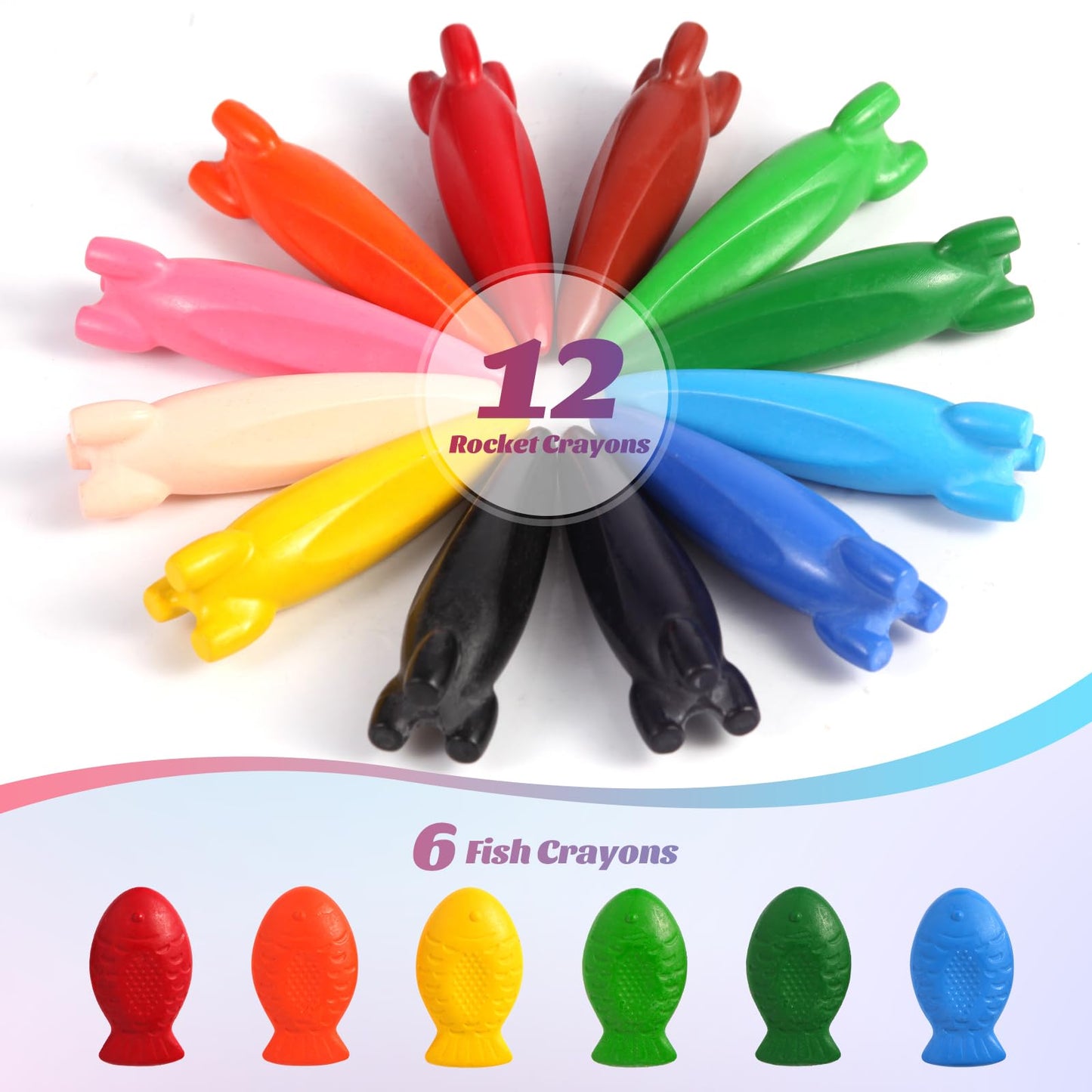 DreamCandy Rocket & Fish-Shaped Crayons – 18pc Non-Toxic Washable Toddler Crayon Set