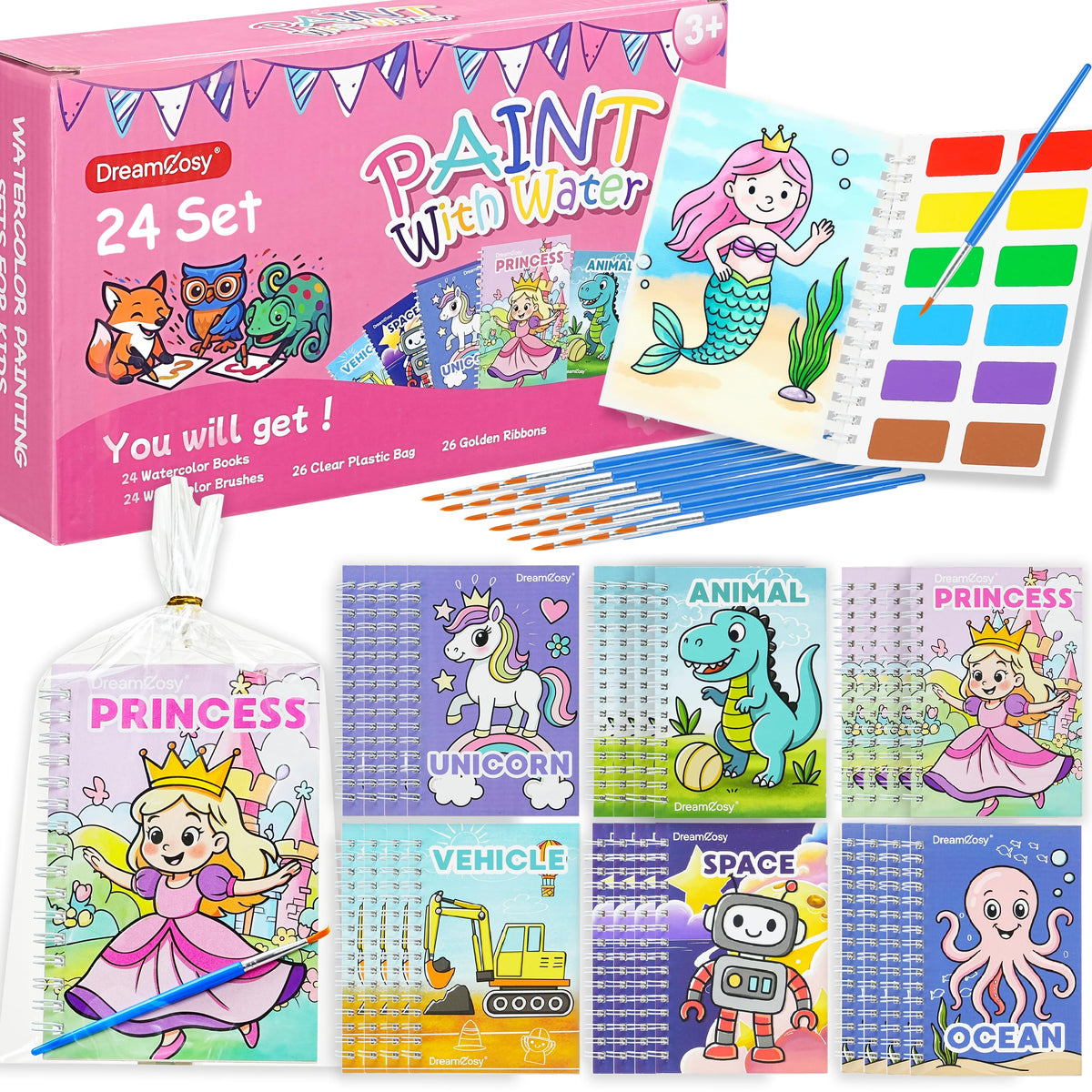 DreamCosy 24-Pack Mini Watercolor Books for Kids (Ages 4-8) - Mess-Free Painting