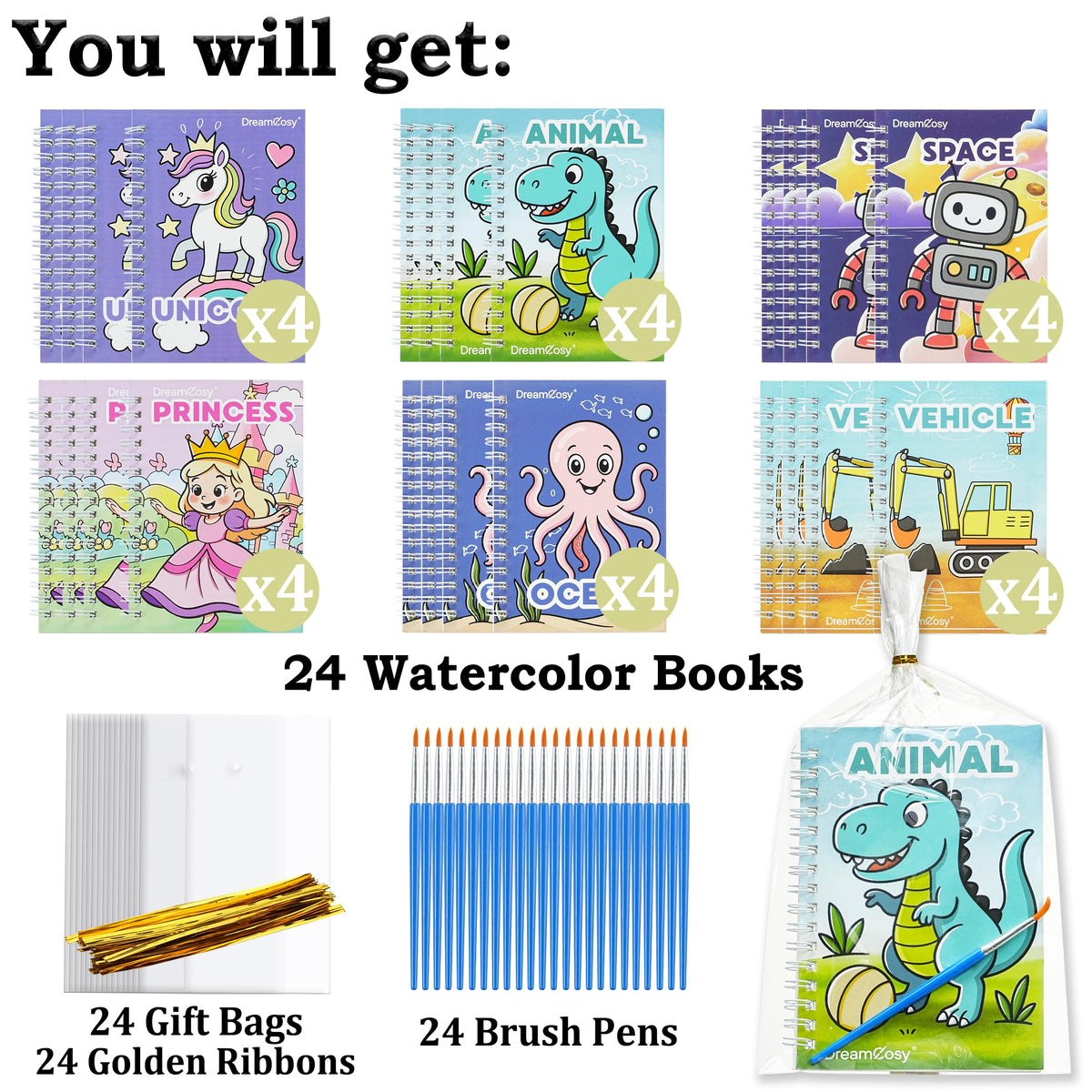 DreamCosy 24-Pack Mini Watercolor Books for Kids (Ages 4-8) - Mess-Free Painting