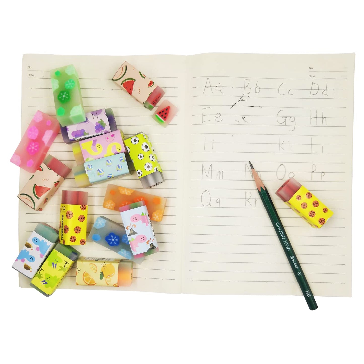 Dreamm Cute Erasers for Kids – 16-Pack Bulk, 4 Styles (Fruit, Ball, Sakura, Dinosaur)