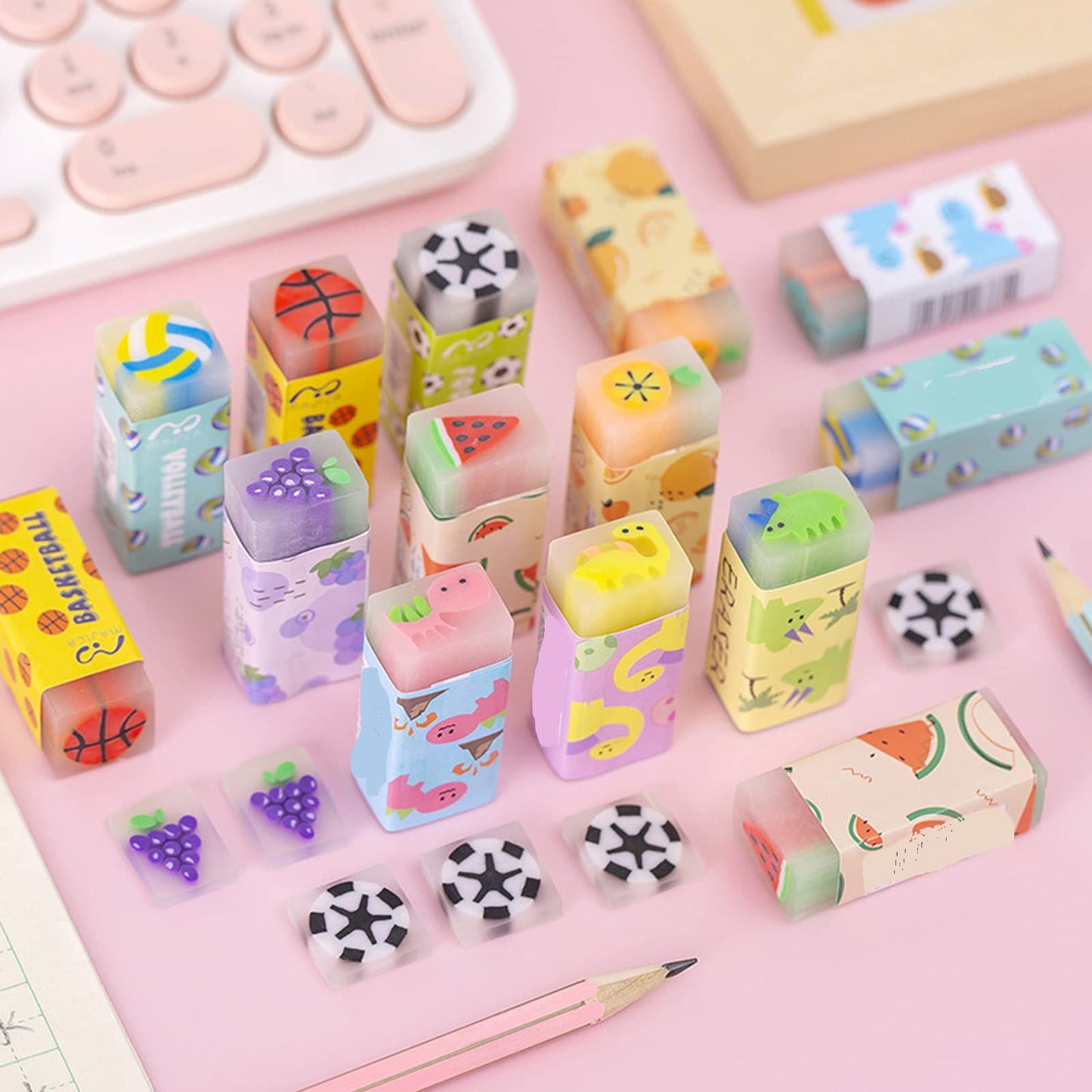 Dreamm Cute Erasers for Kids – 16-Pack Bulk, 4 Styles (Fruit, Ball, Sakura, Dinosaur)