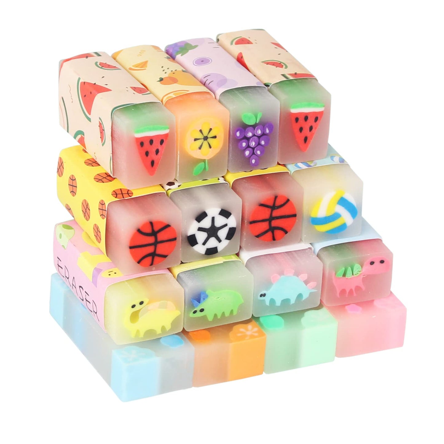 Dreamm Cute Erasers for Kids – 16-Pack Bulk, 4 Styles (Fruit, Ball, Sakura, Dinosaur)