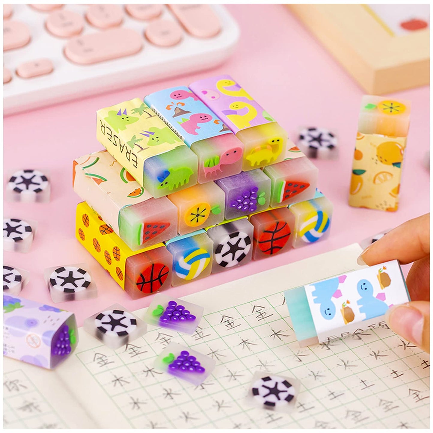 Dreamm Cute Erasers for Kids – 16-Pack Bulk, 4 Styles (Fruit, Ball, Sakura, Dinosaur)