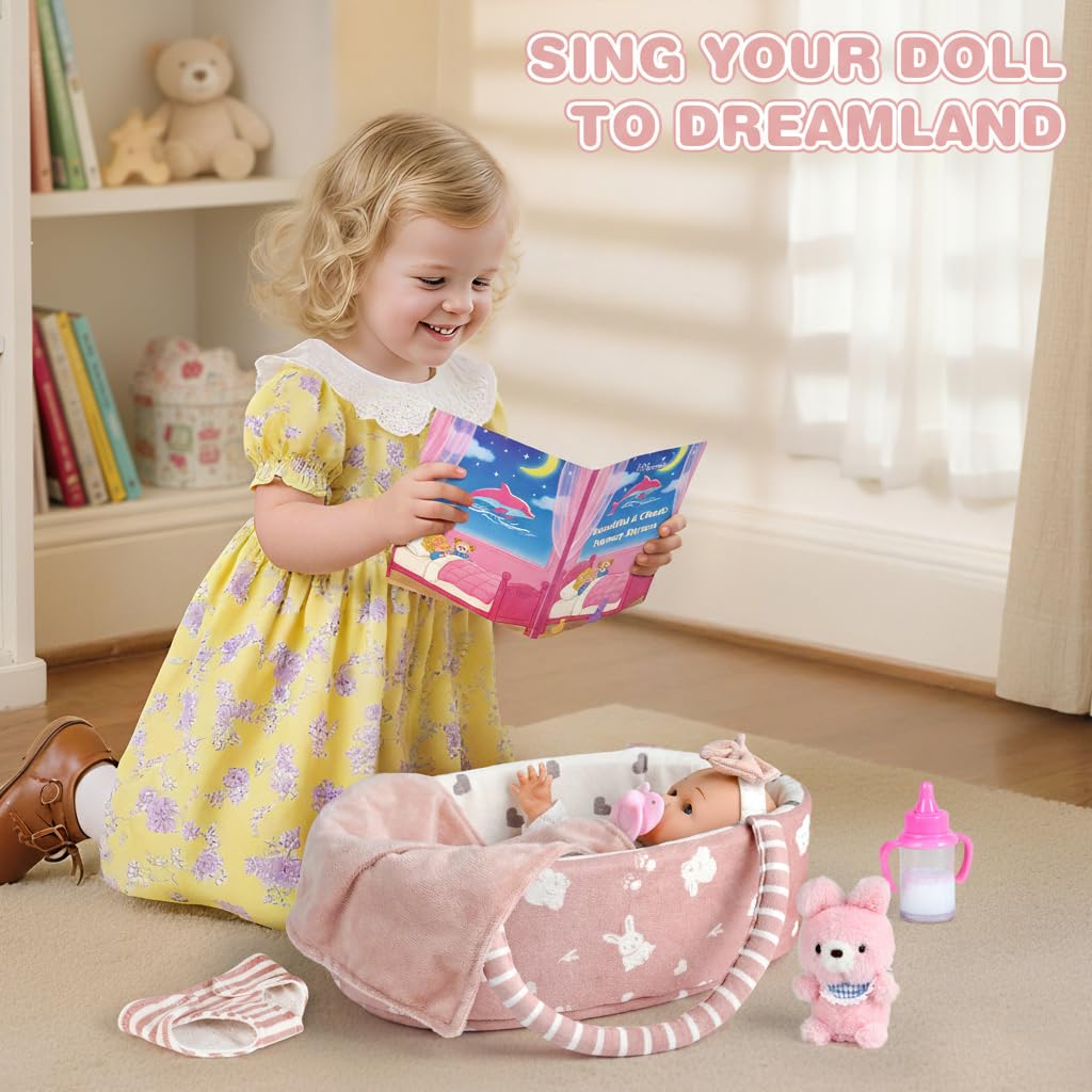 Dreamon 12'' Baby Doll Playset with Carrier Bassinet – 11-Piece Pretend Play Set