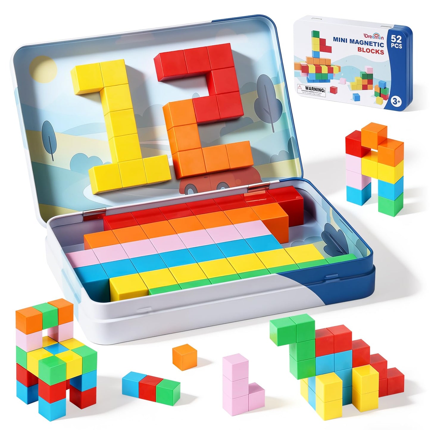 Dreamon 52 PCS Magnetic Blocks with Metal Tin – 0.8in Mini Building Cubes for Travel, STEM Toys for Kids 3+