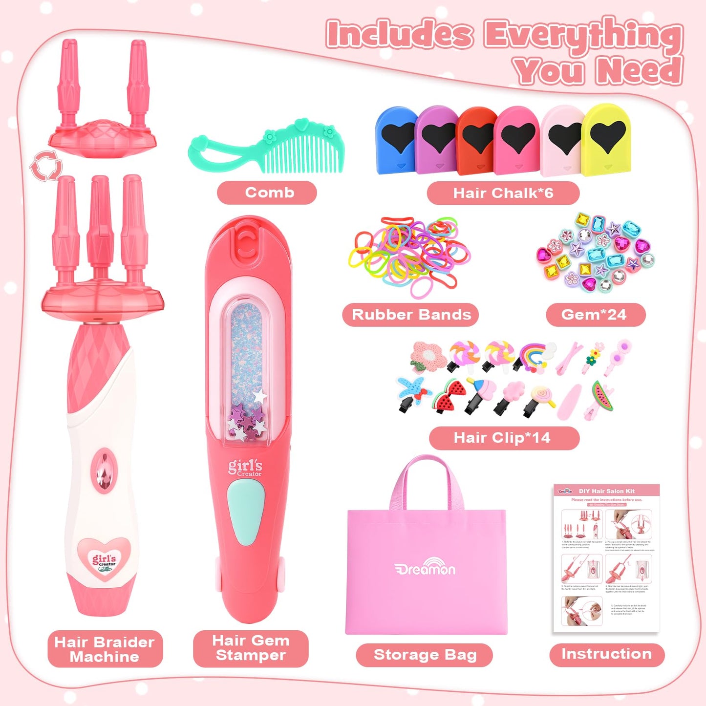 Dreamon 51 Pcs Hair Styling Tools – Gem Stamper, Automatic Braider, Reusable Diamonds & Hair Chalk – Gift Set