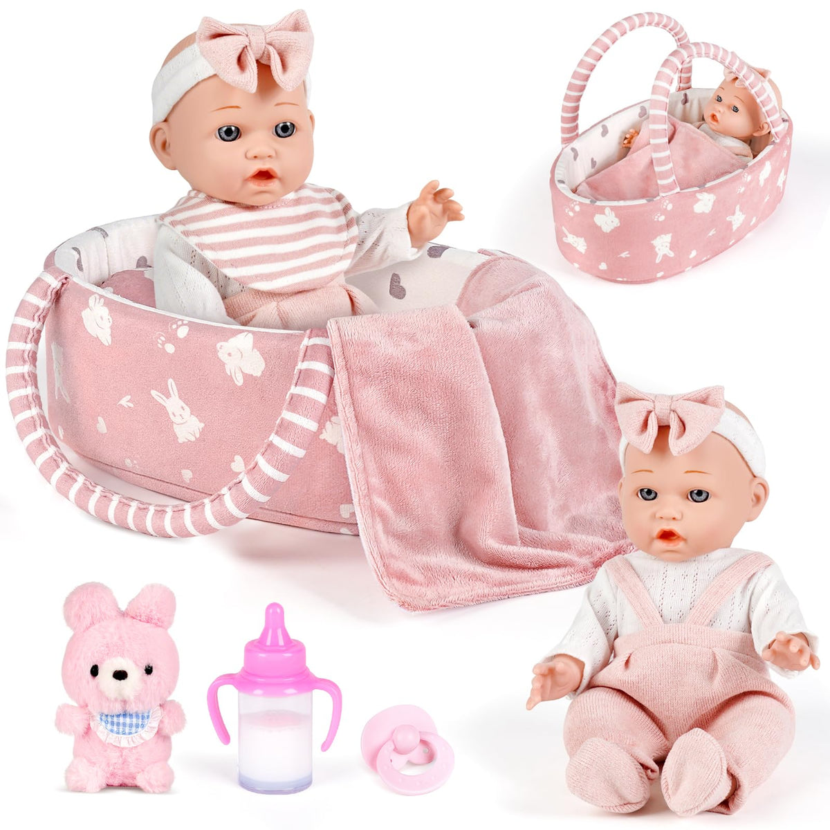 Dreamon 12'' Baby Doll Playset with Carrier Bassinet – 11-Piece Pretend Play Set