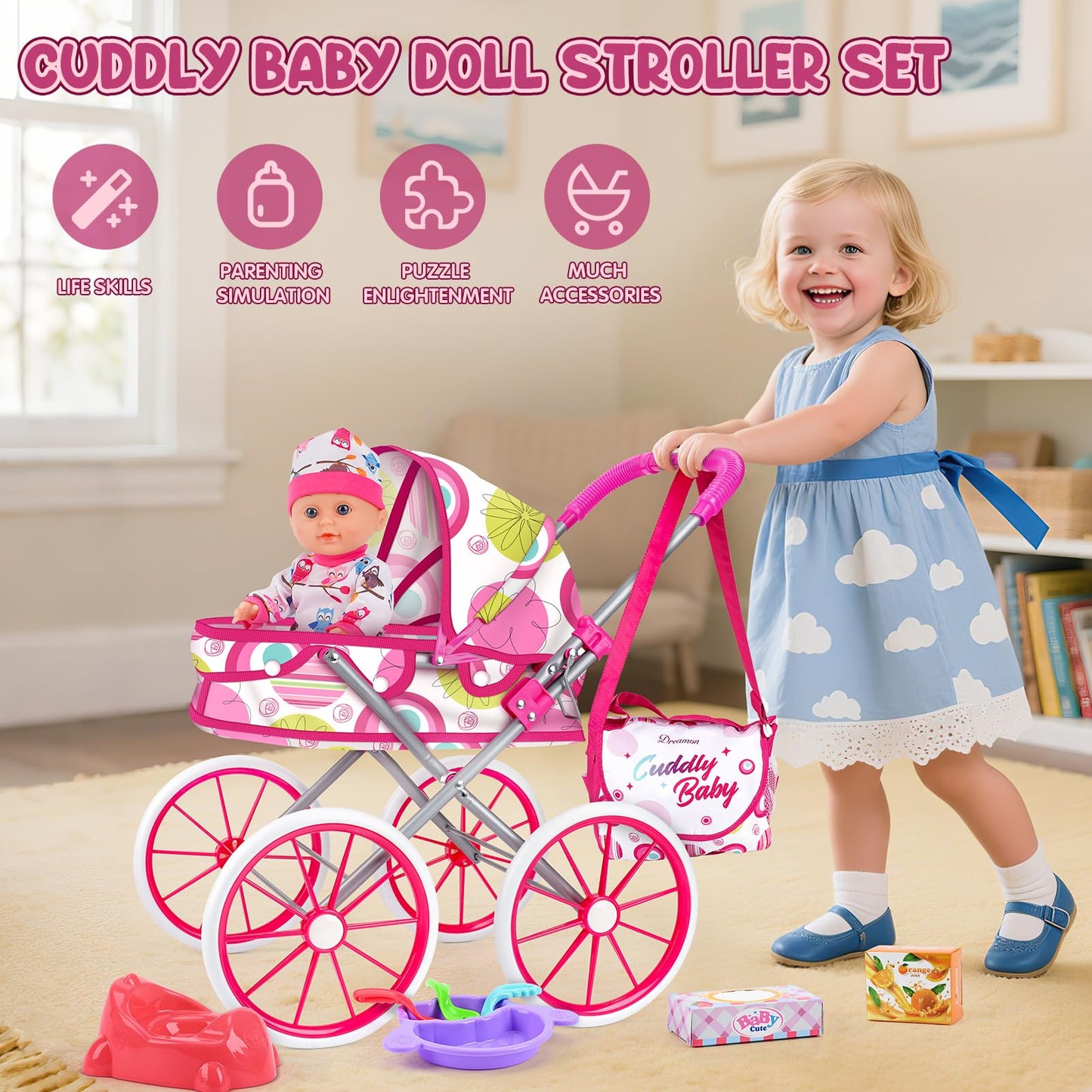 Dreamon Baby Doll Stroller Set – 12.5'' Doll, Changing Station & Accessories for Pretend Play