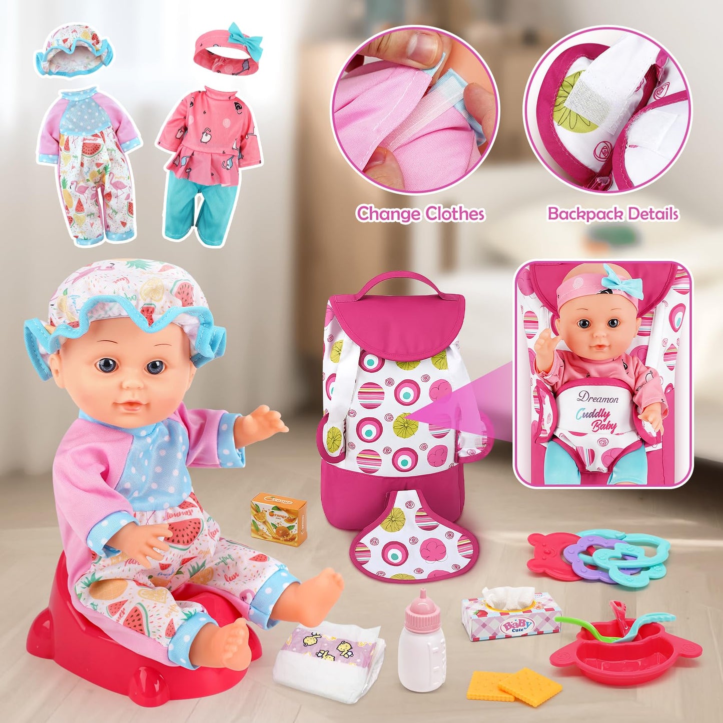 Dreamon Baby Doll Stroller Set – 12.5-Inch Doll & 21-Piece Pretend Play Toys for Girls