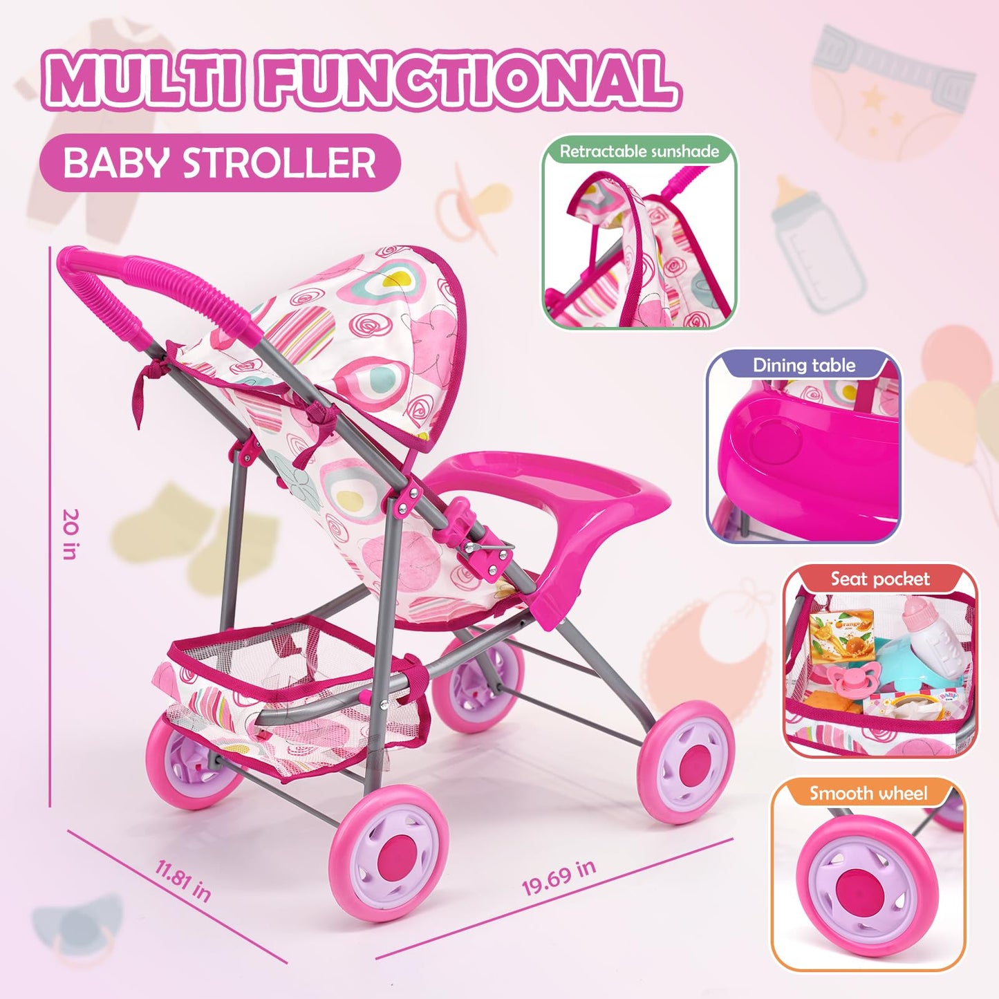 Dreamon Baby Doll Stroller Set – 12.5-Inch Doll & 21-Piece Pretend Play Toys for Girls