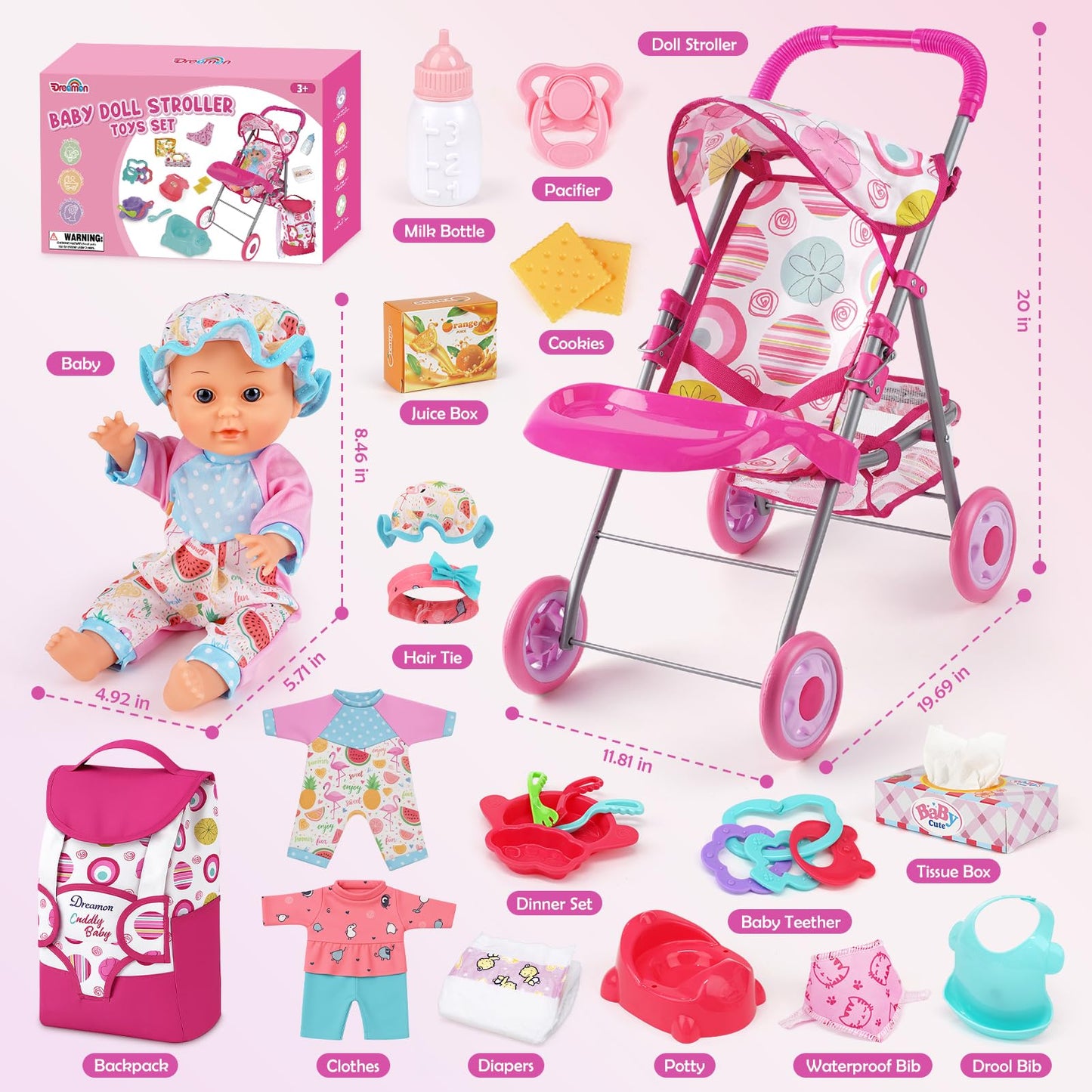 Dreamon Baby Doll Stroller Set – 12.5-Inch Doll & 21-Piece Pretend Play Toys for Girls