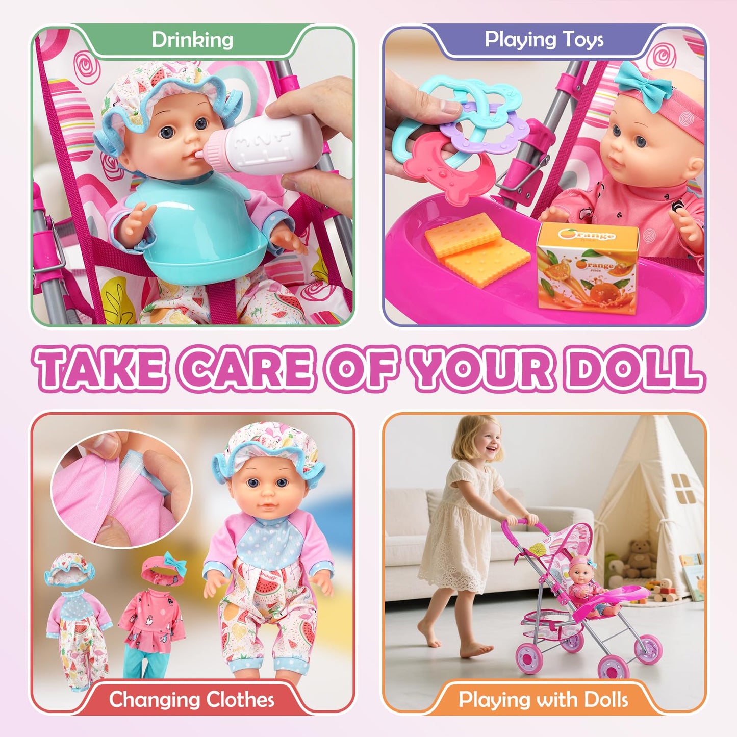 Dreamon Baby Doll Stroller Set – 12.5-Inch Doll & 21-Piece Pretend Play Toys for Girls