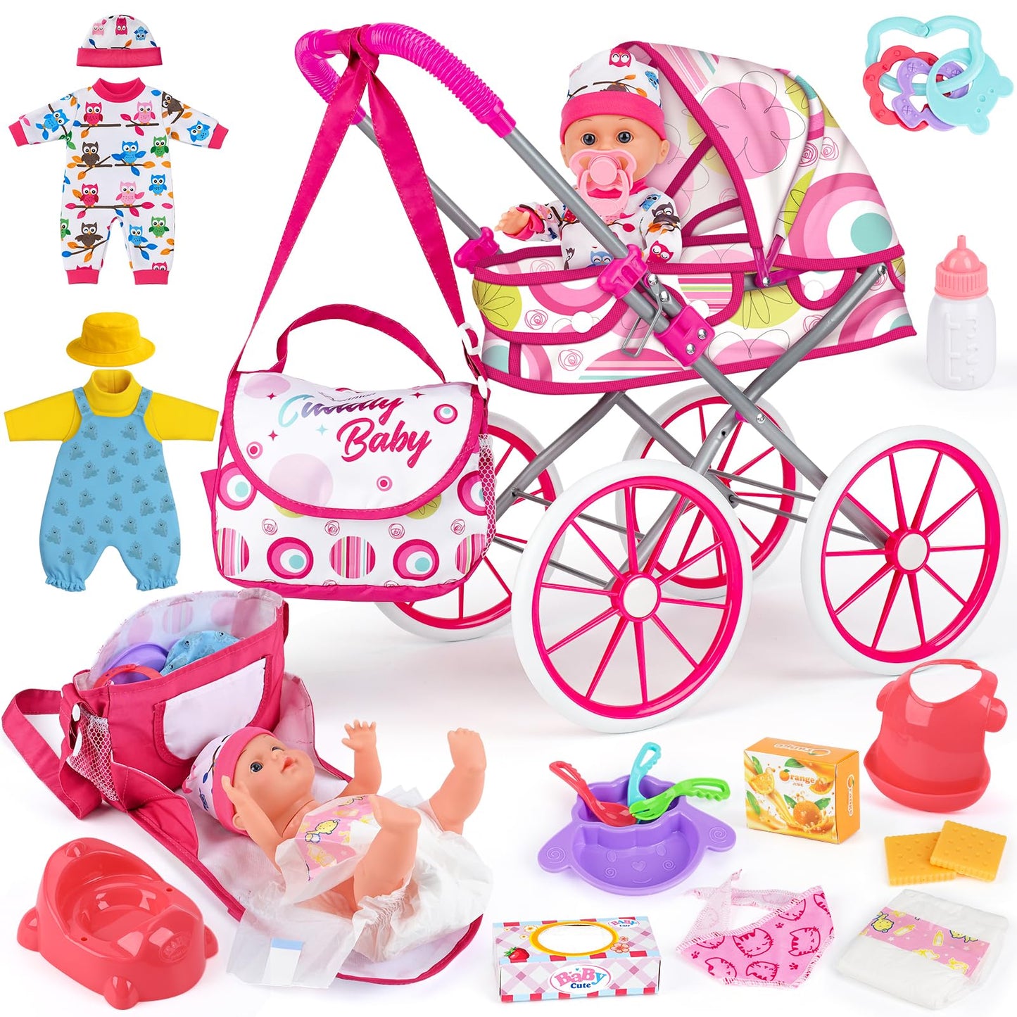 Dreamon Baby Doll Stroller Set – 12.5'' Doll, Changing Station & Accessories for Pretend Play