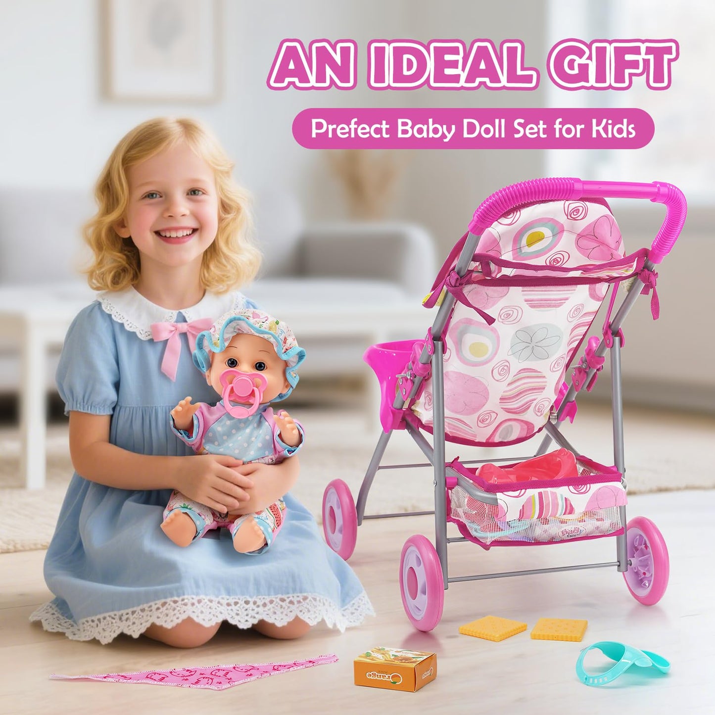 Dreamon Baby Doll Stroller Set – 12.5-Inch Doll & 21-Piece Pretend Play Toys for Girls