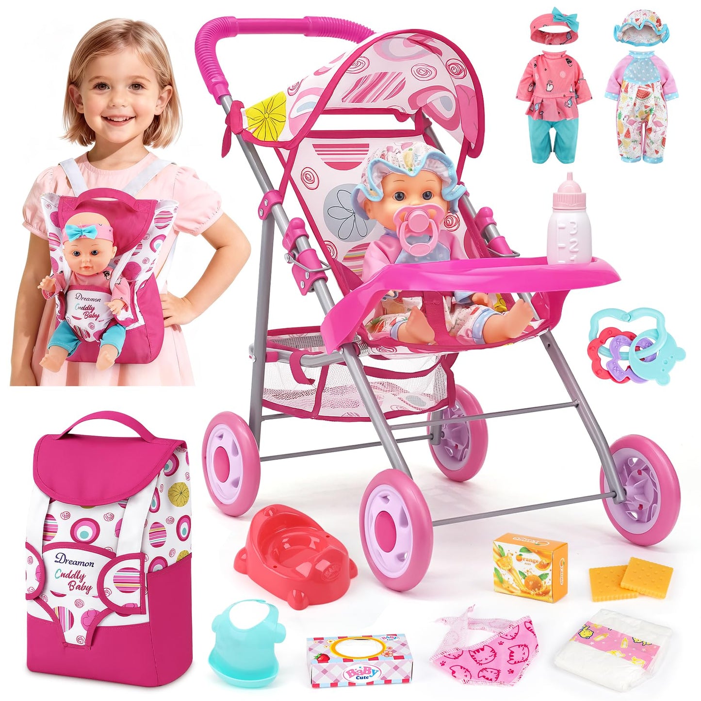 Dreamon Baby Doll Stroller Set – 12.5-Inch Doll & 21-Piece Pretend Play Toys for Girls