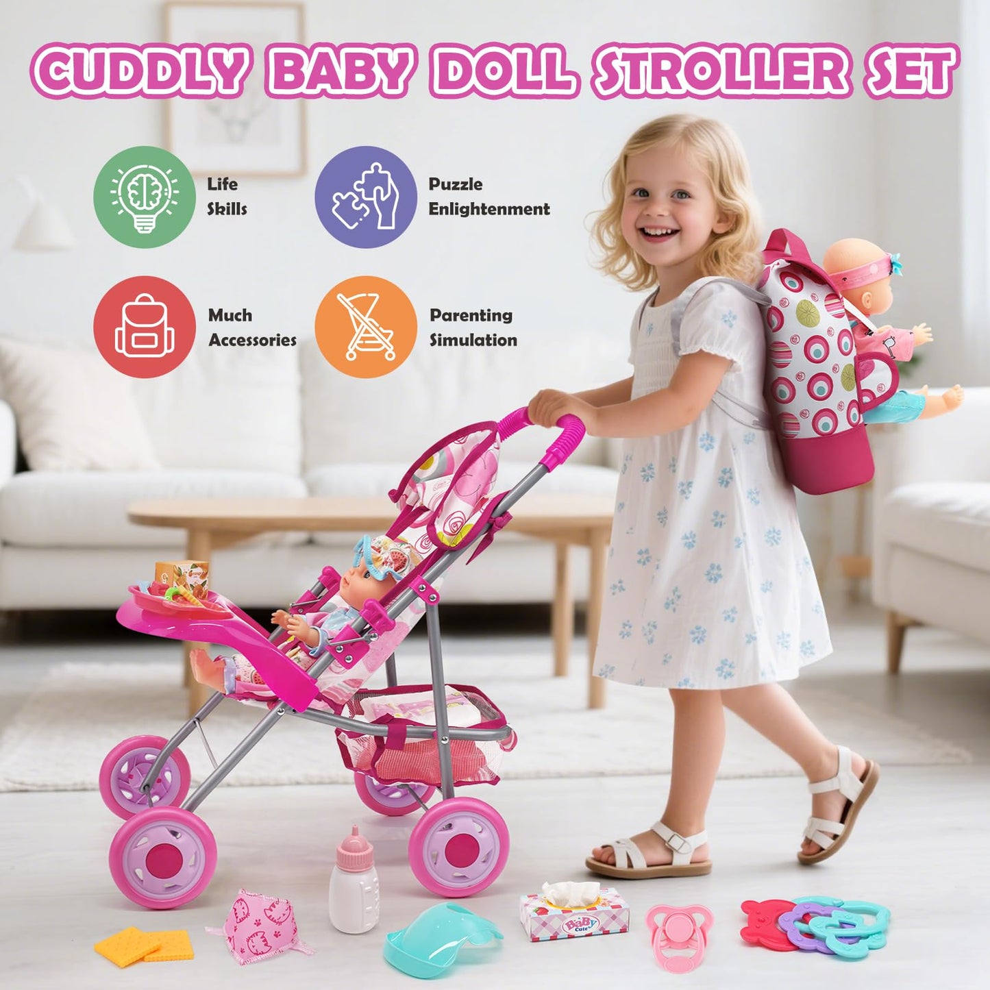 Dreamon Baby Doll Stroller Set – 12.5-Inch Doll & 21-Piece Pretend Play Toys for Girls