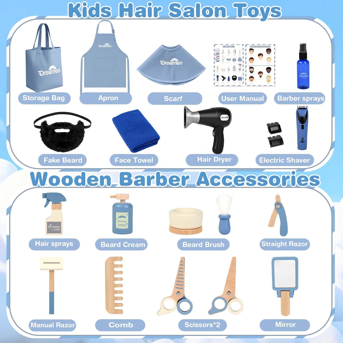 Dreamon Barber Shop Pretend Play Set – Wooden Kids Hair Salon Toys