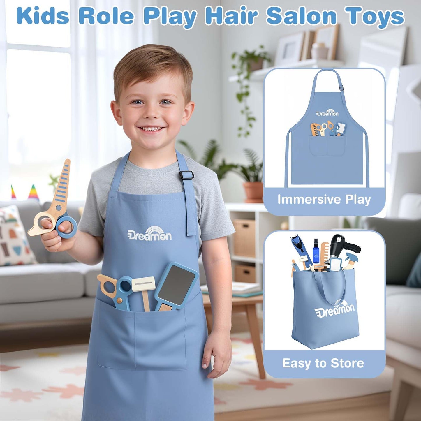 Dreamon Barber Shop Pretend Play Set – Wooden Kids Hair Salon Toys