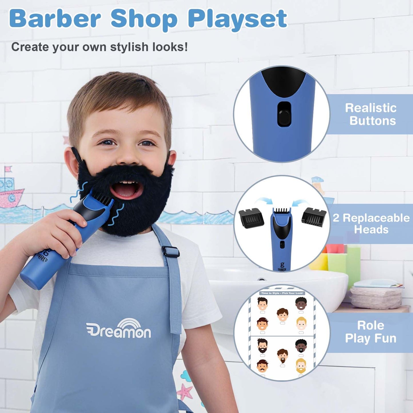 Dreamon Barber Shop Pretend Play Set – Wooden Kids Hair Salon Toys