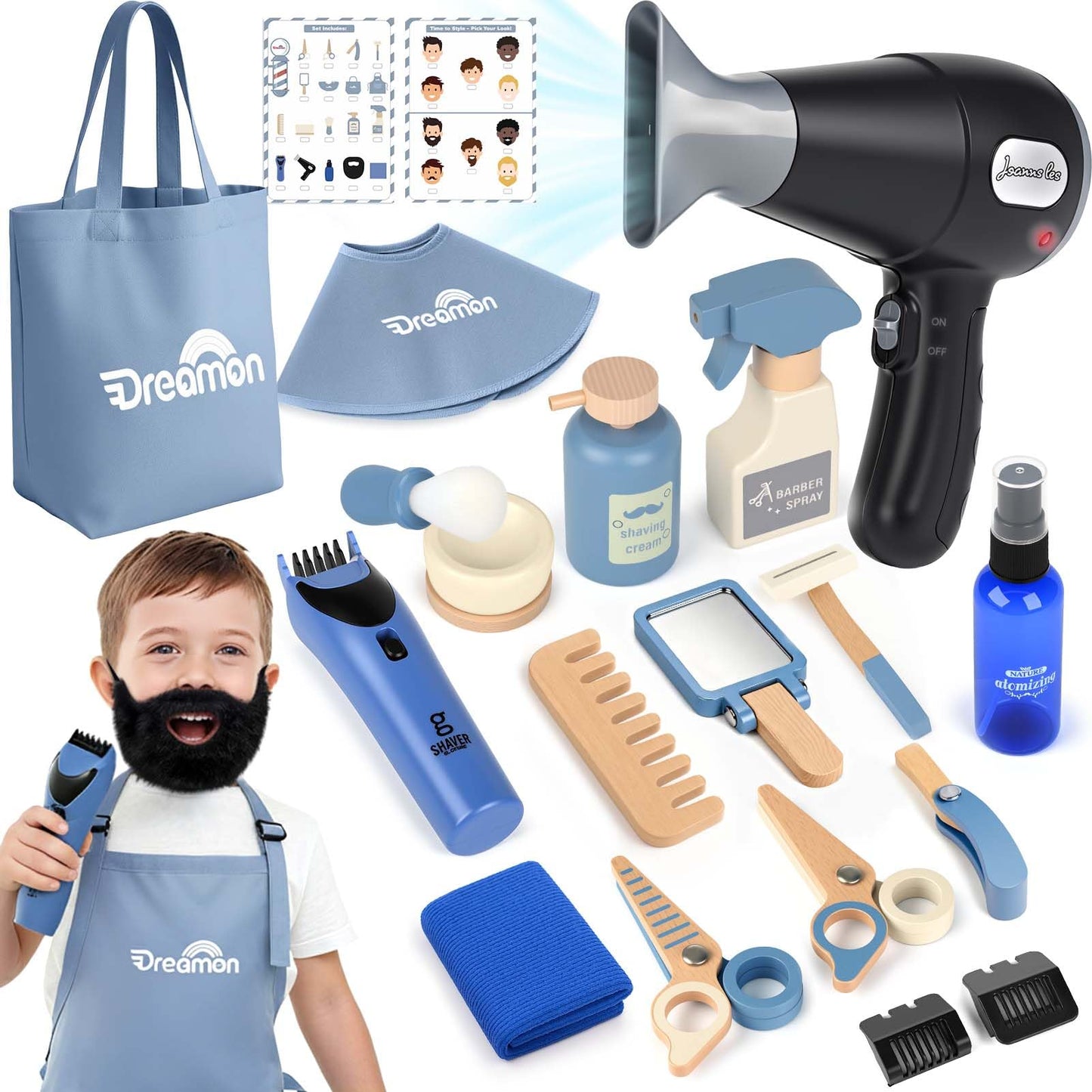 Dreamon Barber Shop Pretend Play Set – Wooden Kids Hair Salon Toys