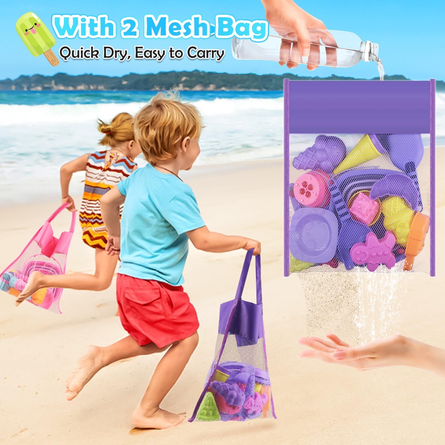 Dreamon Collapsible Beach Toys Set for Kids 3-10 | 2 Buckets, Molds & Mesh Bags